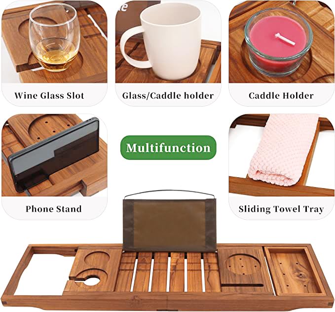 Premium Expandable Teak Bathtub Tray - Luxury Wooden Bath Caddy for Spa Relaxation | Perfect Housewarming, Anniversary & Wedding Gift with Free Teak Body Brush | Bathroom Accessories for Bubble Baths & Wine Nights