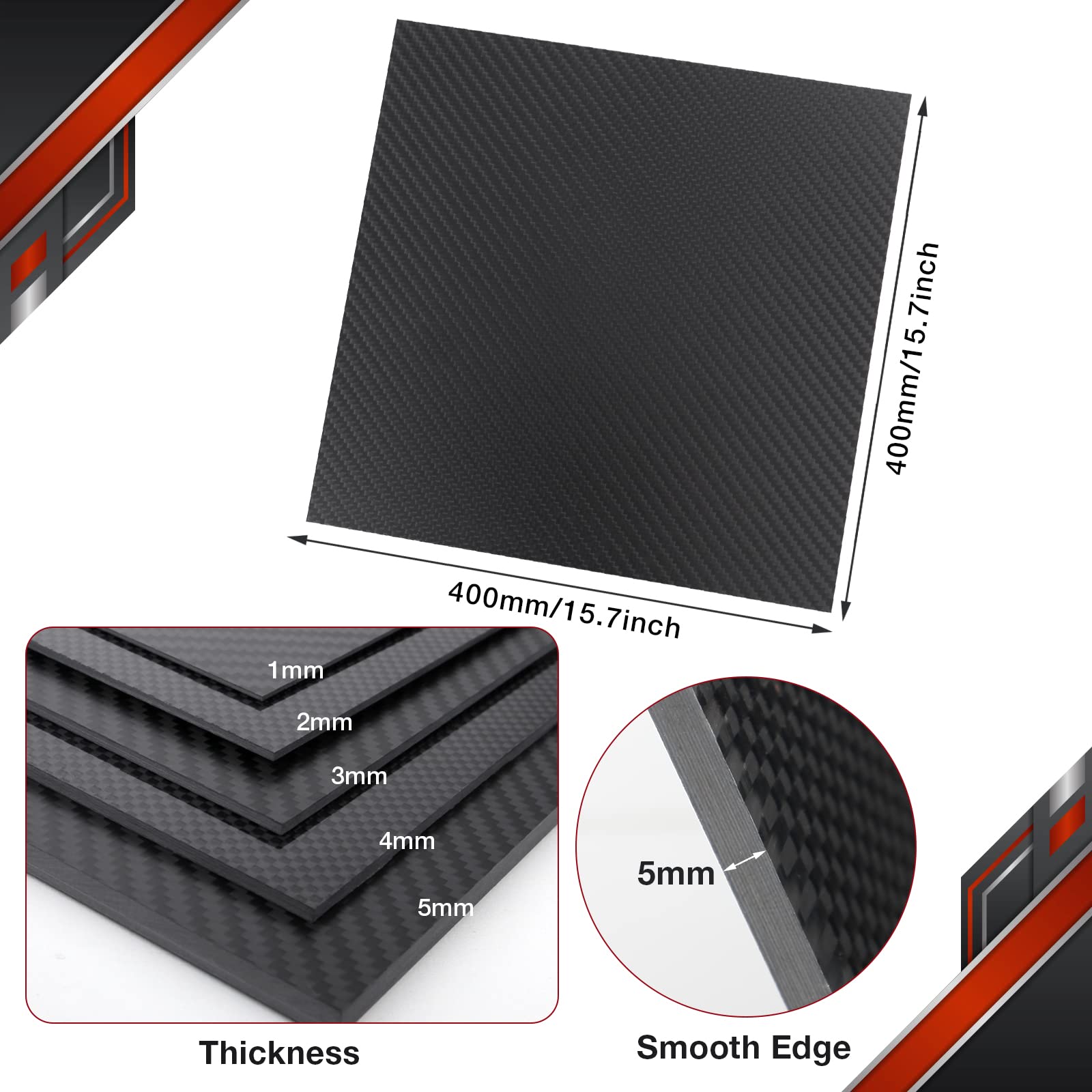 Premium 3K Twill Weave Carbon Fiber Sheet - 400x400mm (1.0mm to 6.0mm Thickness Options) - Matte Finish Laminate Panel for Automotive, DIY Projects & Industrial Applications