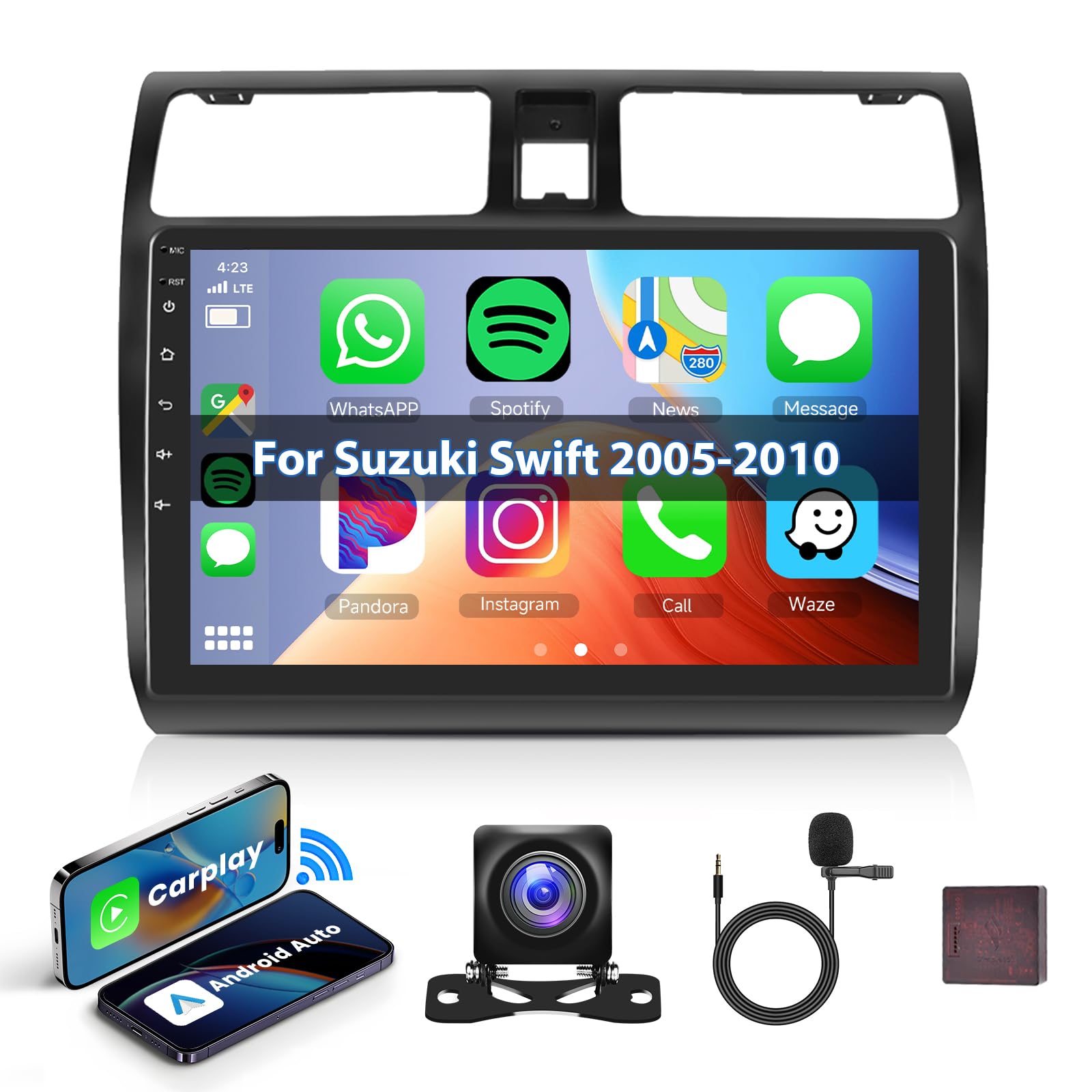 10.1 Inch Android Car Stereo for Suzuki Swift 2005-2010 - Wireless CarPlay & Android Auto, Bluetooth, GPS Navigation, WiFi, FM RDS, HD Touchscreen with Backup Camera & Steering Wheel Control - Perfect for Road Trips & Daily Commutes