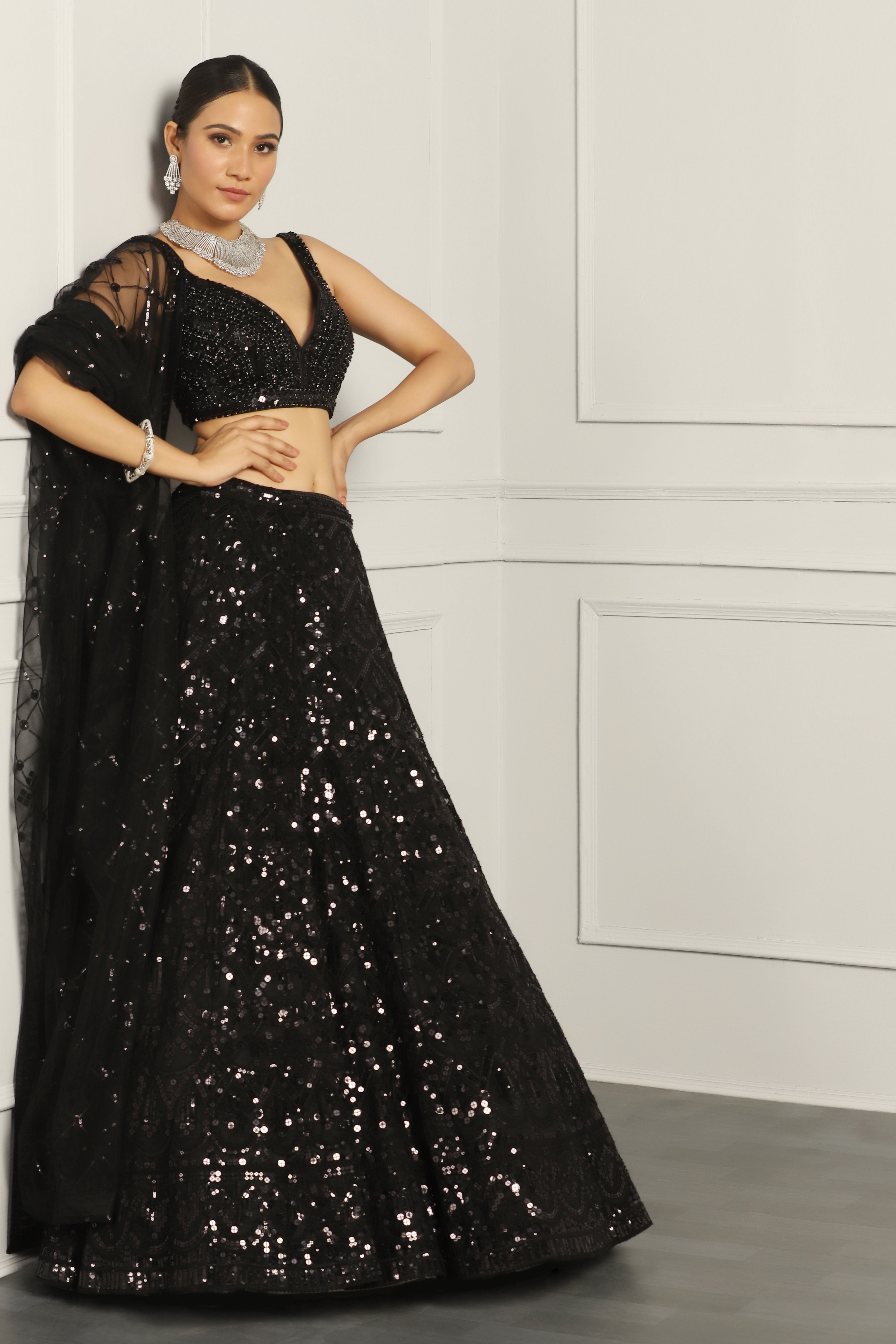 Elegant Black Net Embroidery Sequin Sweetheart Neck Lehenga Choli Set for Women | Indian Bridal Party Wear | Perfect for Weddings, Festivals & Special Occasions (D370A)