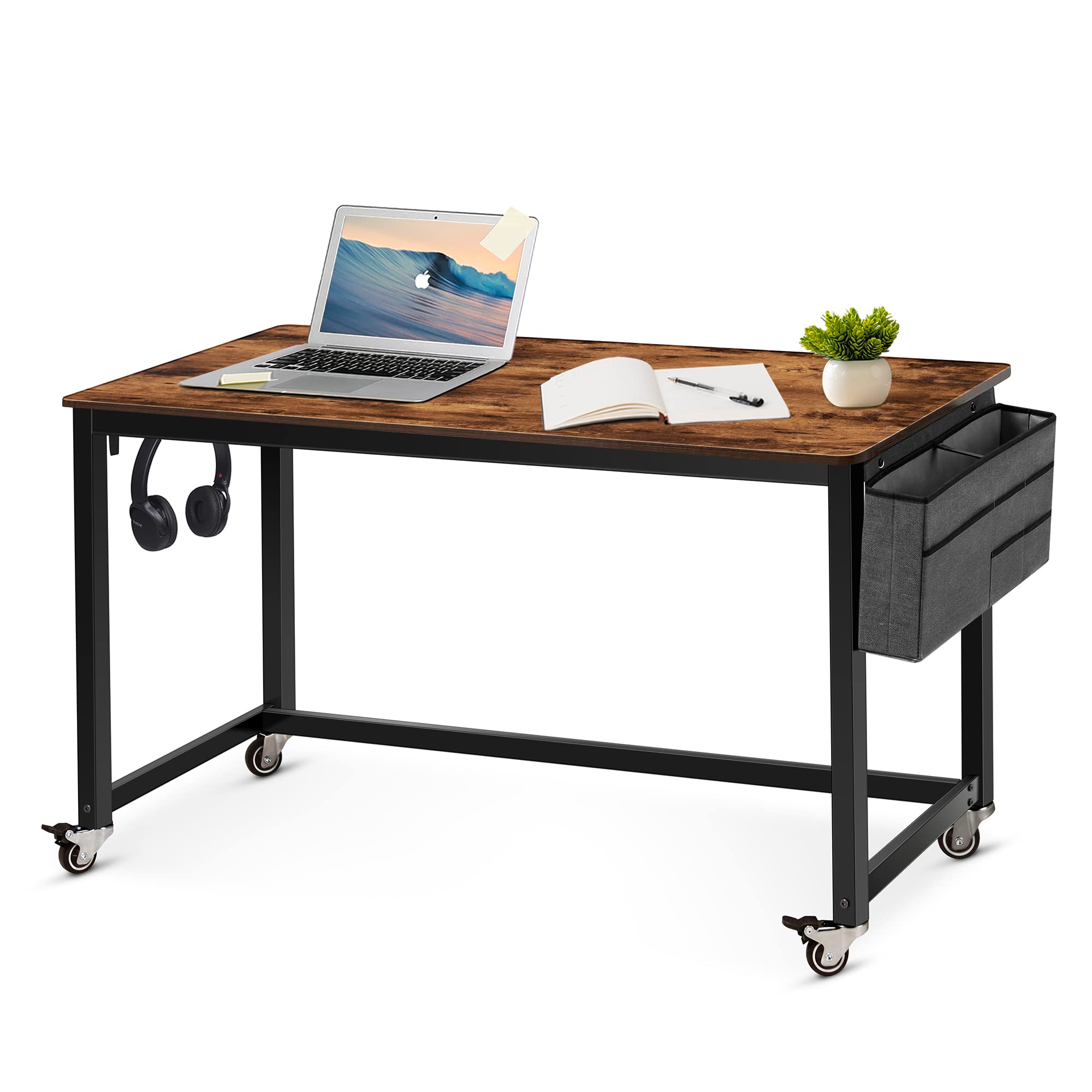 AHB 55-Inch Rolling Computer Desk with 4 Smooth Wheels - Mobile Writing Desk for Home Office & Study - Adjustable Workstation with Sturdy Metal Frame - Perfect for Small Spaces & Shared Workspaces