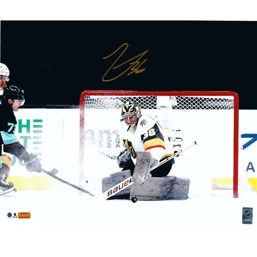 Logan Thompson Autographed Vegas Golden Knights 16x20 Photo - Signed Hockey Memorabilia with IGM COA - Perfect for Sports Fans, Collectors & Man Cave Decor