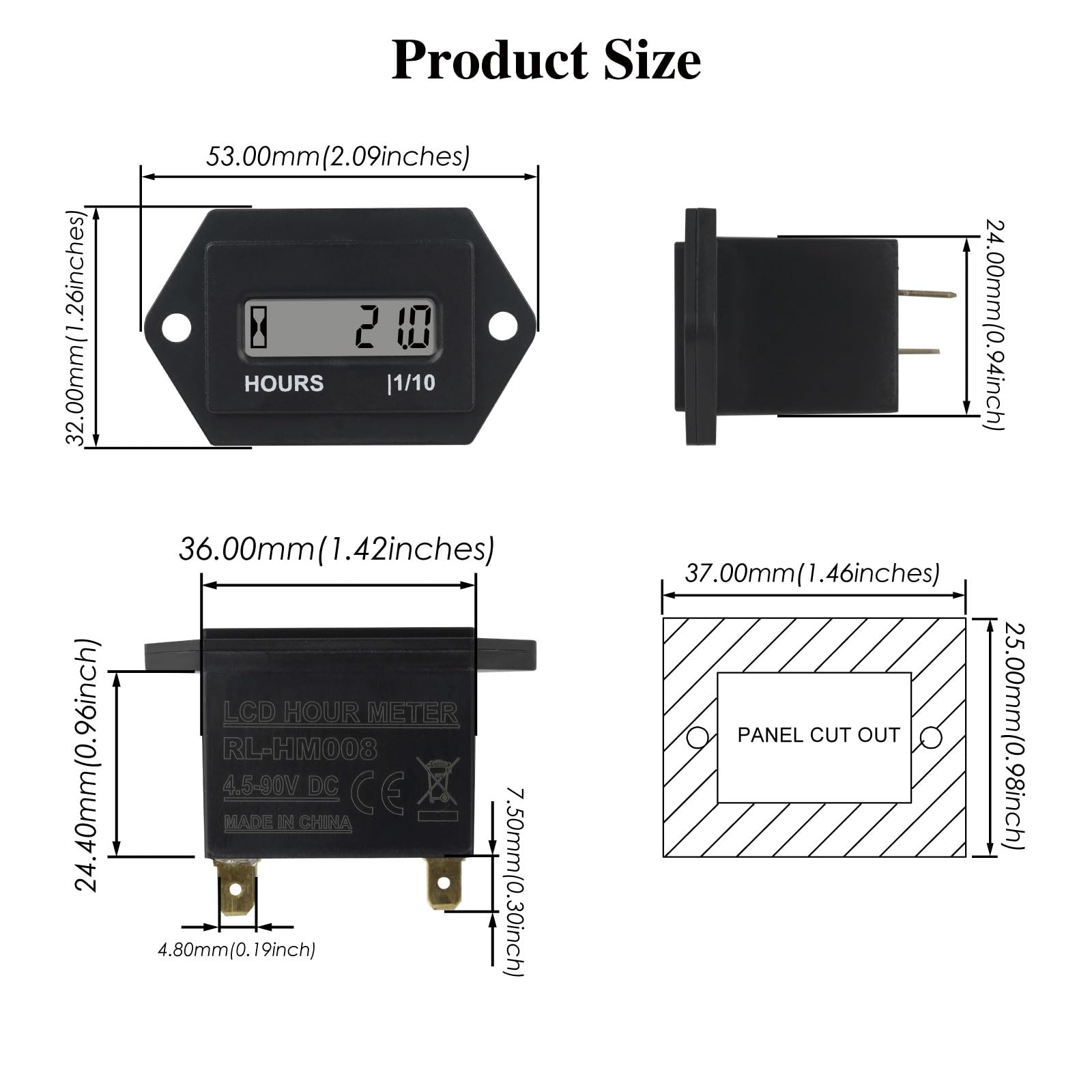 Jayron LCD Digital Hour Meter DC 4.5-90V Resettable TOT No Battery - Universal Engine Usage Timer for Lawn Mower, Generator, ATV, UTV, Chainsaw, Snowmobile & Power Equipment | Track Engine Hours for Maintenance & Warranty