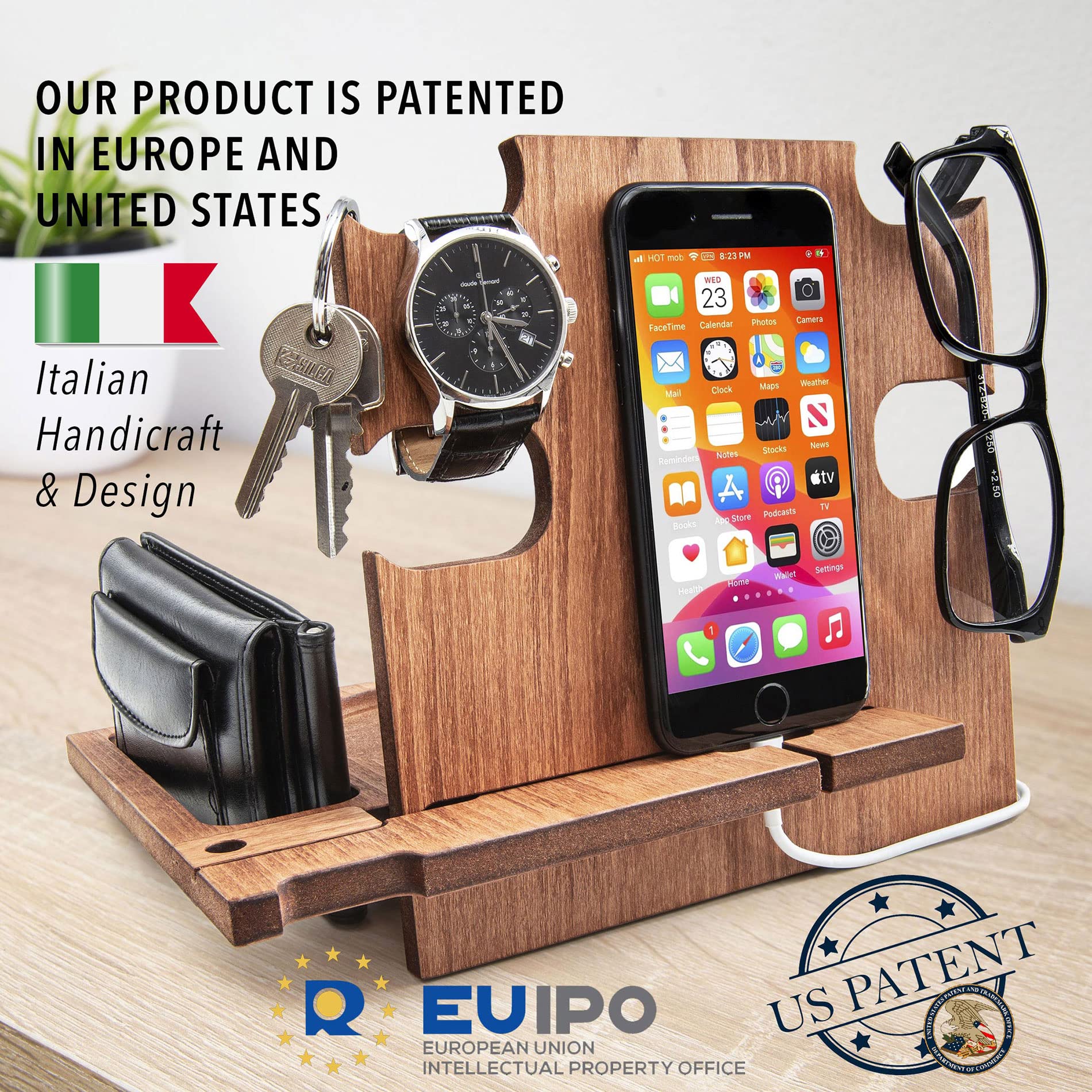 Premium Walnut Phone Docking Station & Night Stand - Wireless Charging Organizer for iPhone, Samsung, AirPods | Perfect for Bedside, Office & Home Decor