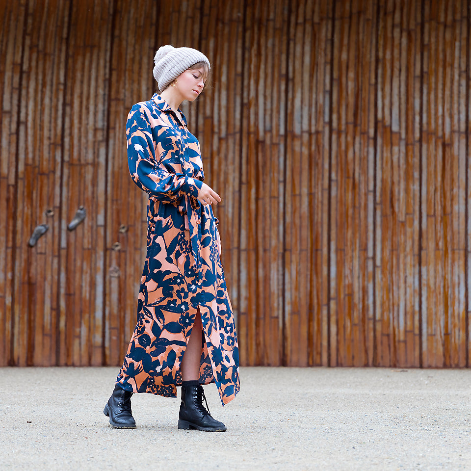 EcoVero™ Viscose Satin Dress - Shadow Flowers Print for Women | Elegant Evening Wear for Parties & Date Nights