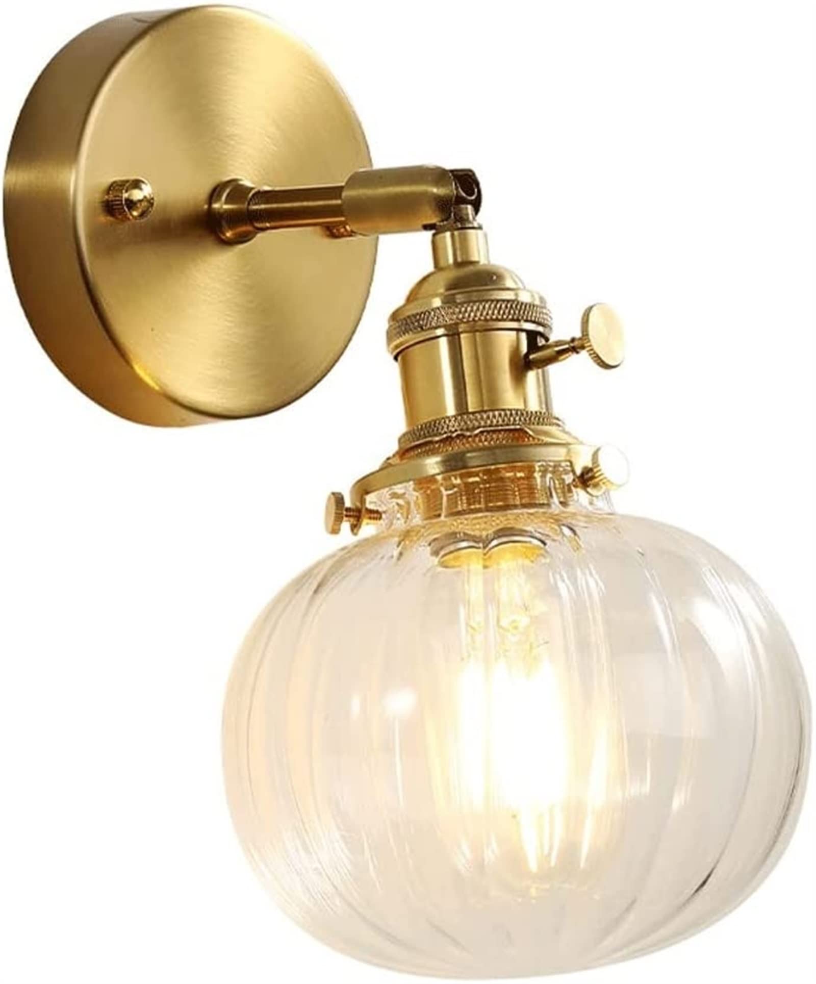 Modern Brass Wall Mount Lamp - Country Style Round Glass Shade Sconce Light Fixture for Bedroom, Living Room, Kitchen | Indoor Decorative Lighting for Homes, Apartments, Lofts & Reading Nooks