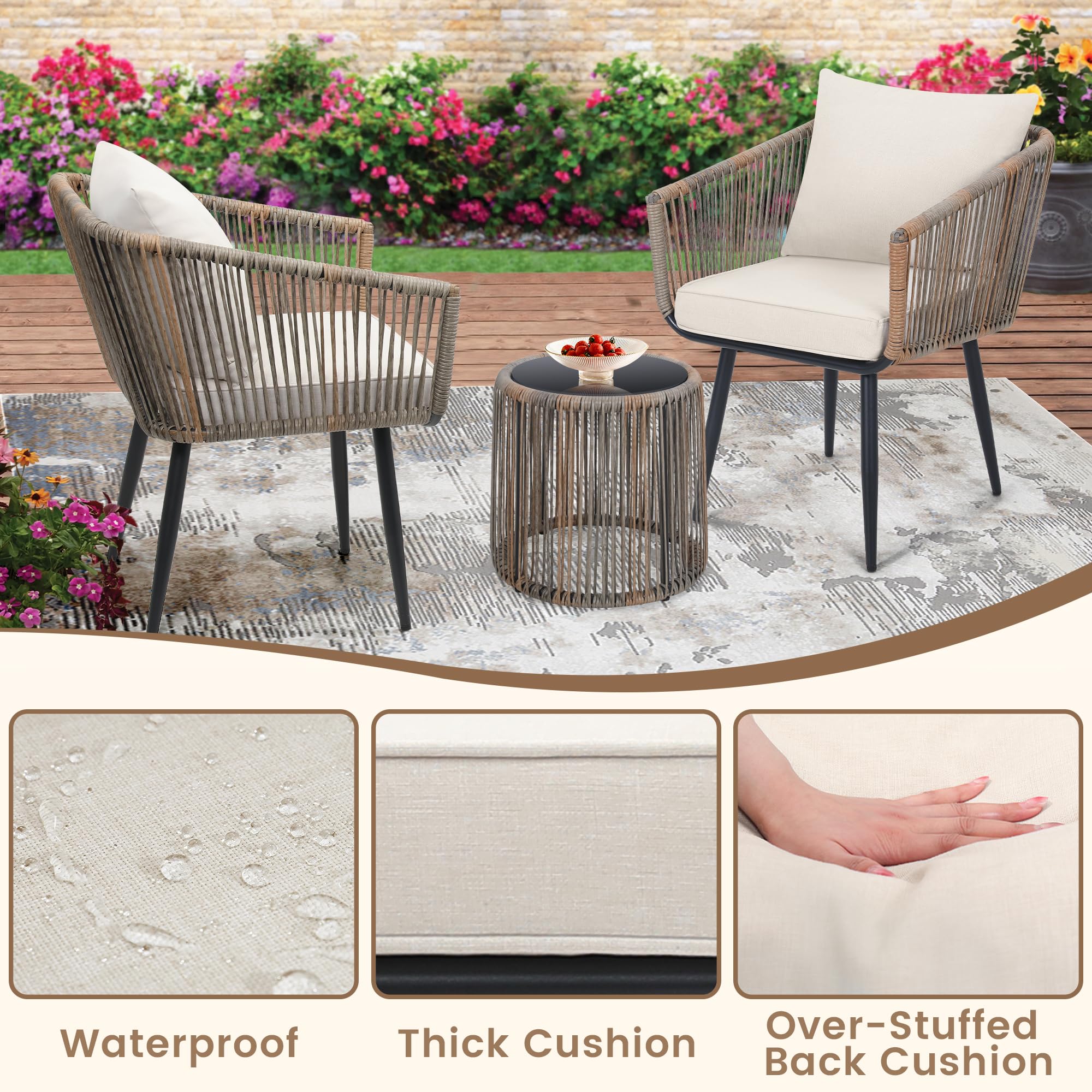 Kromax 3-Piece Patio Rattan Bistro Set - All-Weather Wicker Outdoor Furniture with 2 Chairs & Side Table - Perfect for Balcony, Porch, Backyard, Garden or Poolside - Beige