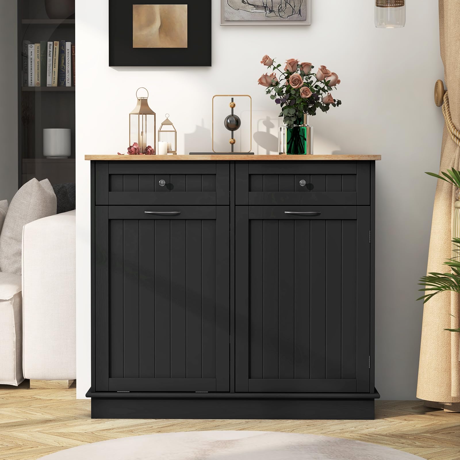 Giantex 15.5 Gallon Kitchen Trash Cabinet with Tilt-Out Bin | Rubber Wood Countertop Kitchen Island Organizer | 2 Drawers & Adjustable Shelf | Black Waste Recycling Storage for Small Spaces & Apartments | Perfect for Kitchen Organization & Garbage Disposal