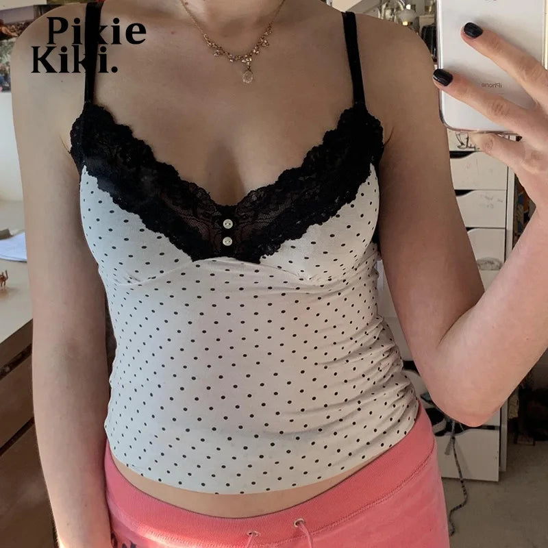 Black and White Polka Dot Print Tank Top for Women - Y2K Vintage Style Lace Trim Deep V Backless Crop Top | Perfect for Summer Outfits, Beachwear & Casual Fashion | P67 AH10