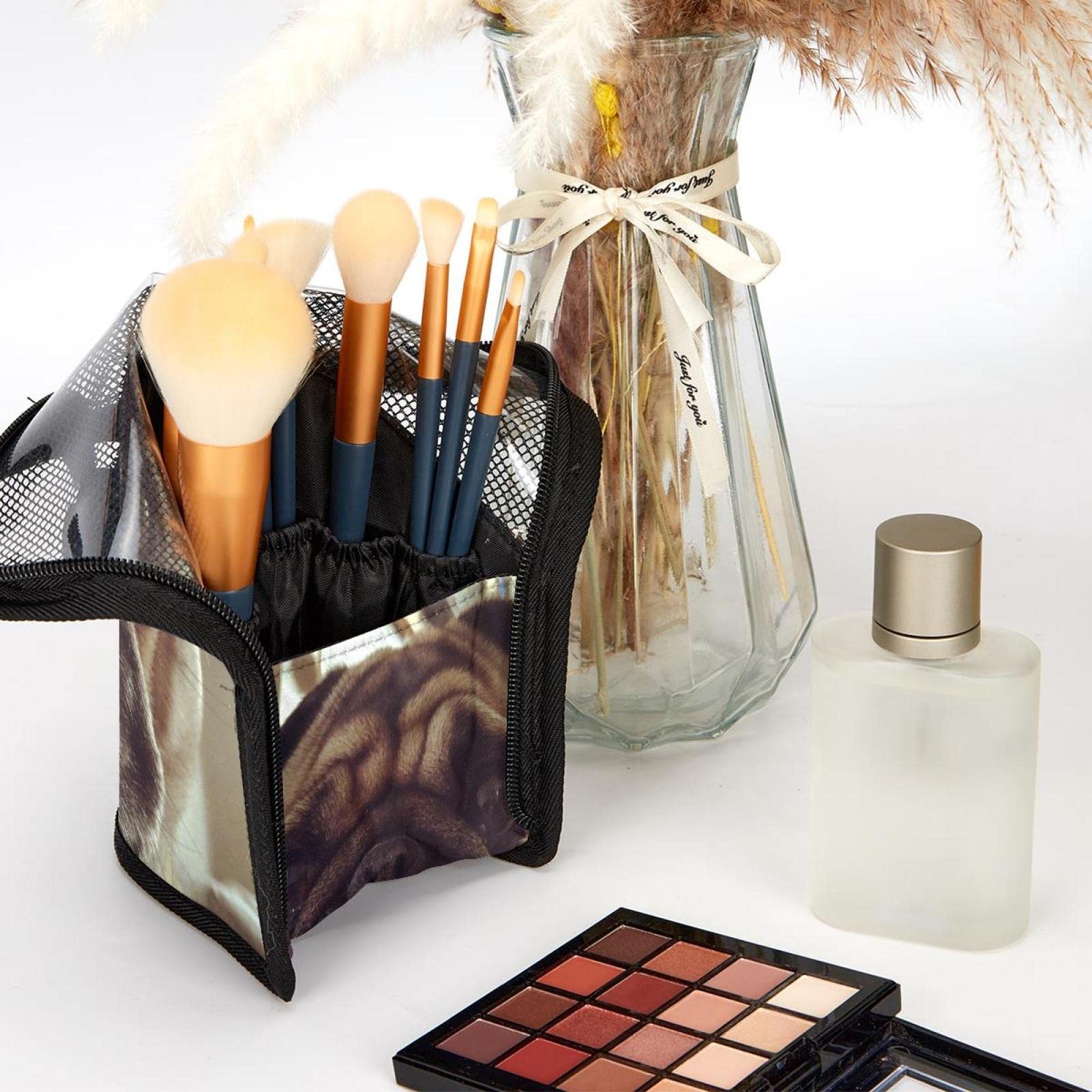 12-Piece Makeup Brush Organizer Bag with Cute Pug Dog Design - Portable Travel Cosmetic Brush Holder Case for Professional Makeup Artists & Beauty Enthusiasts - Perfect for Home, Travel & Salon Use