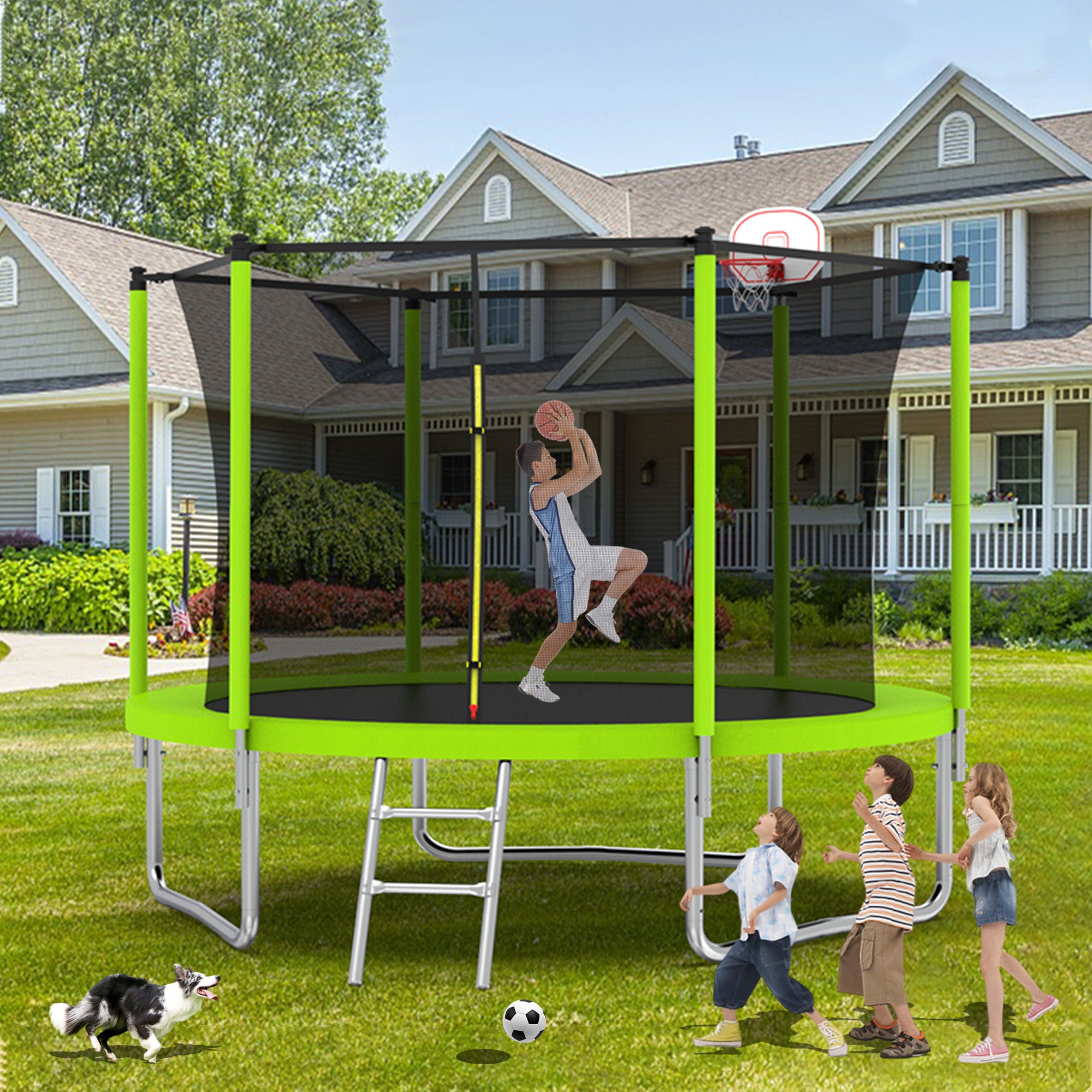 10FT Kids Trampoline with Basketball Hoop & Safety Enclosure - Outdoor Backyard Bouncer with Ladder, ASTM Approved for Safe Jumping Fun - Perfect for Birthday Gifts, Family Playtime and Backyard Activities