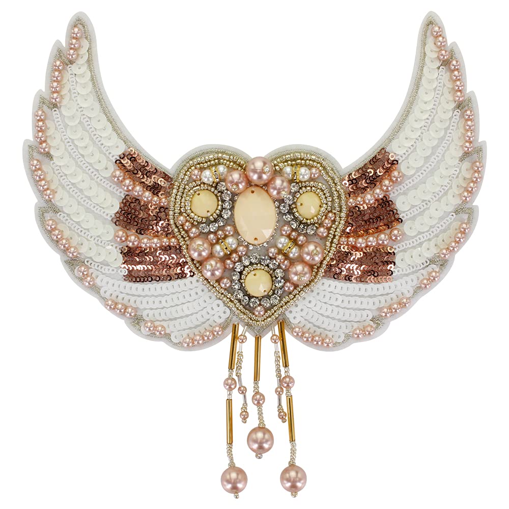 Sparkly Rhinestone Beaded Sequins Angel Wings Heart-Shaped Iron-On Patch - DIY Sewing Applique for Clothing, Hats, Bags & Accessories | Perfect for Costumes, Fashion Upgrades & DIY Crafts