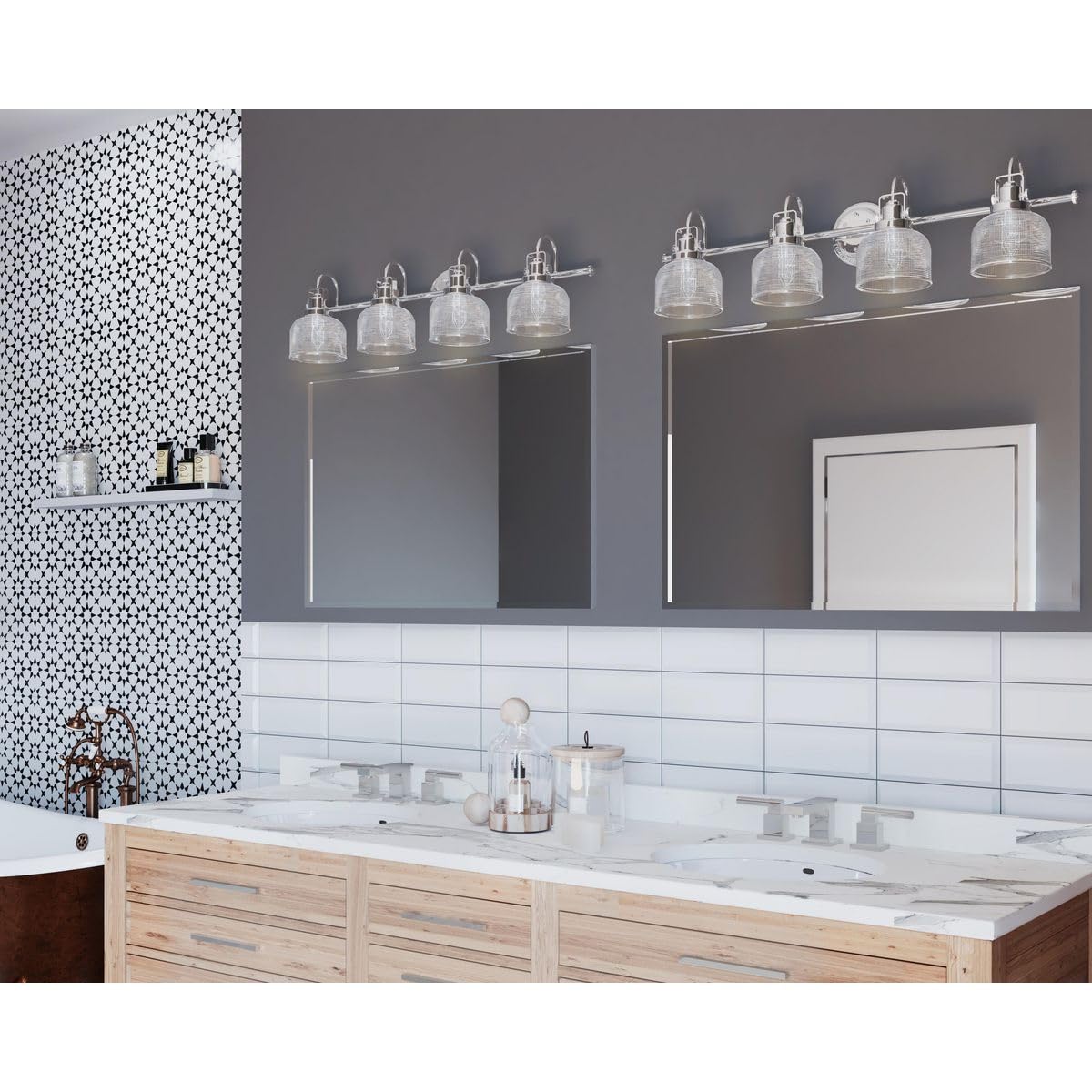 Archie Collection 4-Light Coastal Bathroom Vanity Light - Clear Double Prismatic Glass Shade with Polished Chrome Finish - Perfect for Beach House, Bathroom, and Coastal Style Decor