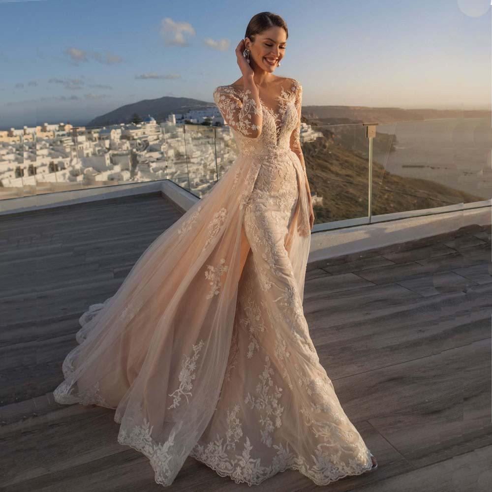 Elegant V-Neck Lace Beading Boho Mermaid Wedding Dress for Romantic Beach & Destination Weddings