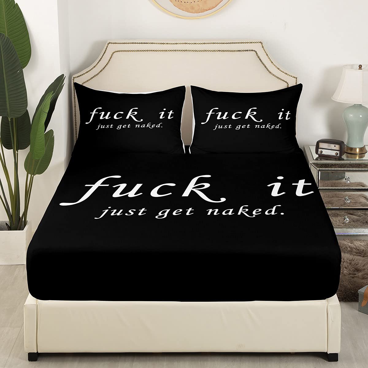 Funny Couples Bedding Set - Queen Size 3Pcs Fitted Sheet & Pillow Sham with Get Naked Quote - Black and White Romantic Bed Sheets for Couples - Perfect for Anniversary Gifts and Master Bedroom Decor