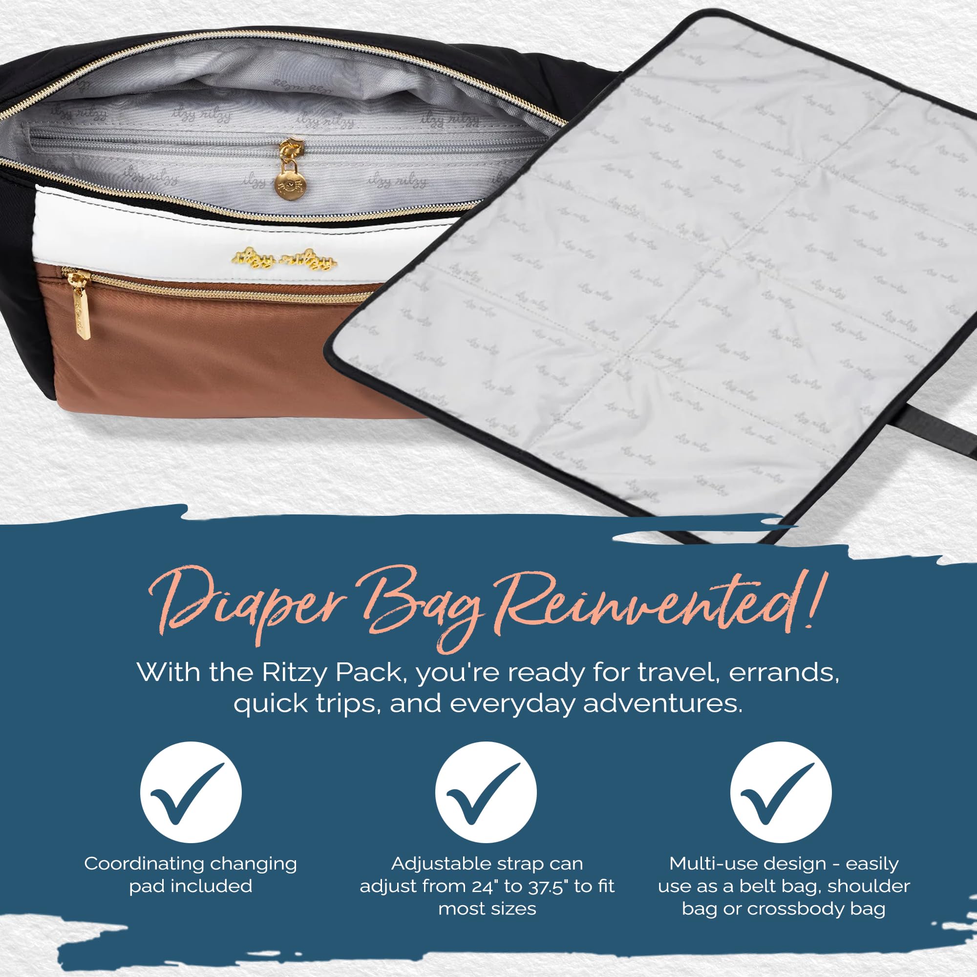 Itzy Ritzy Multi-Use Lightweight Fanny Pack & Crossbody Diaper Bag with 6 Pockets & Adjustable Strap - Wear as Belt Bag, Shoulder Bag or Crossbody Purse (Coffee & Cream) - Perfect for Moms, Travel, Hiking & Daily Errands