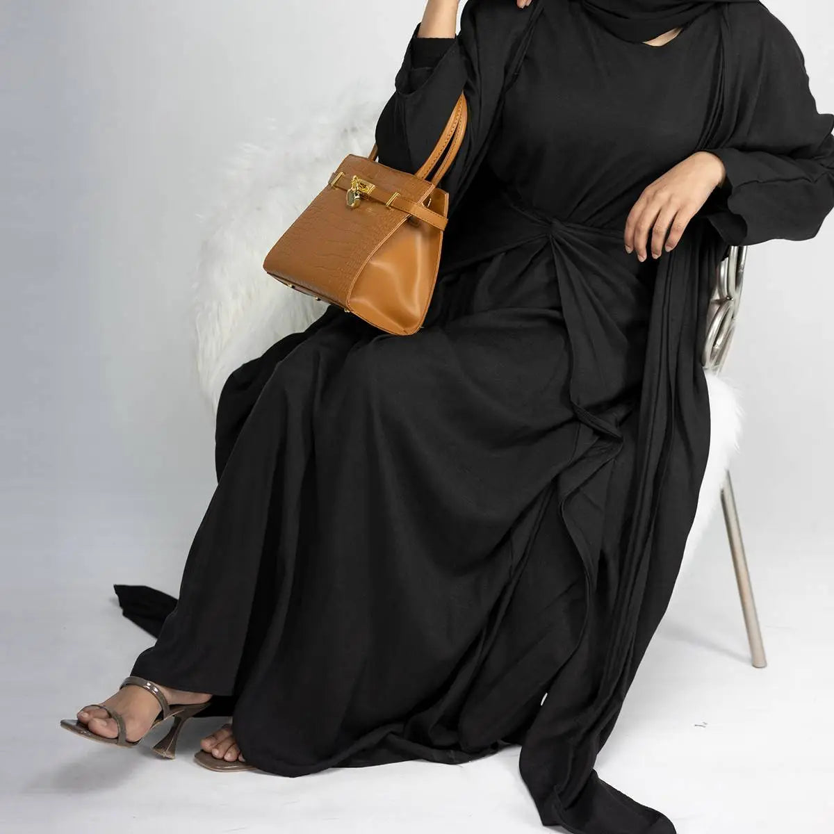 4 Piece Muslim Open Abaya Dress Set with Scarf - Modest Islamic Prayer Outfit for Women, Elegant Loose Flowing Abaya with Mid Wrap & Inner Dress - Perfect for Mosque, Eid, Ramadan & Special Occasions