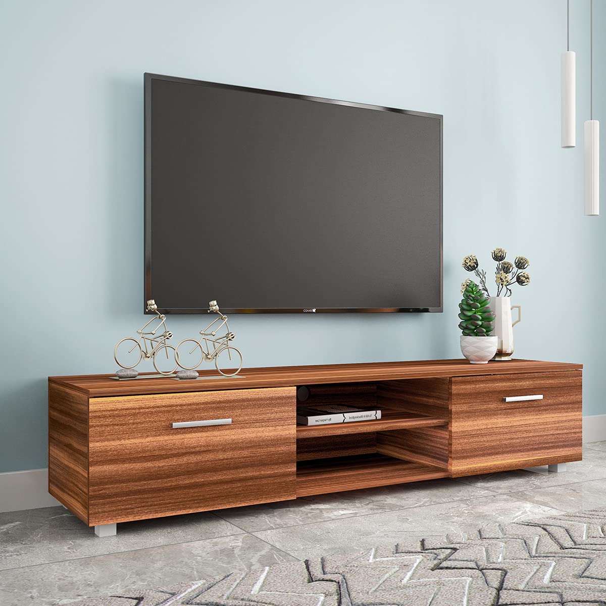 i-POOK 70 Inch TV Stand with Storage - Wooden TV Console Table with 2 Open Shelves & 2 Drawers - Media Entertainment Center for Living Room, Bedroom - Walnut Finish - Perfect for Home Theater Setup & Living Room Organization