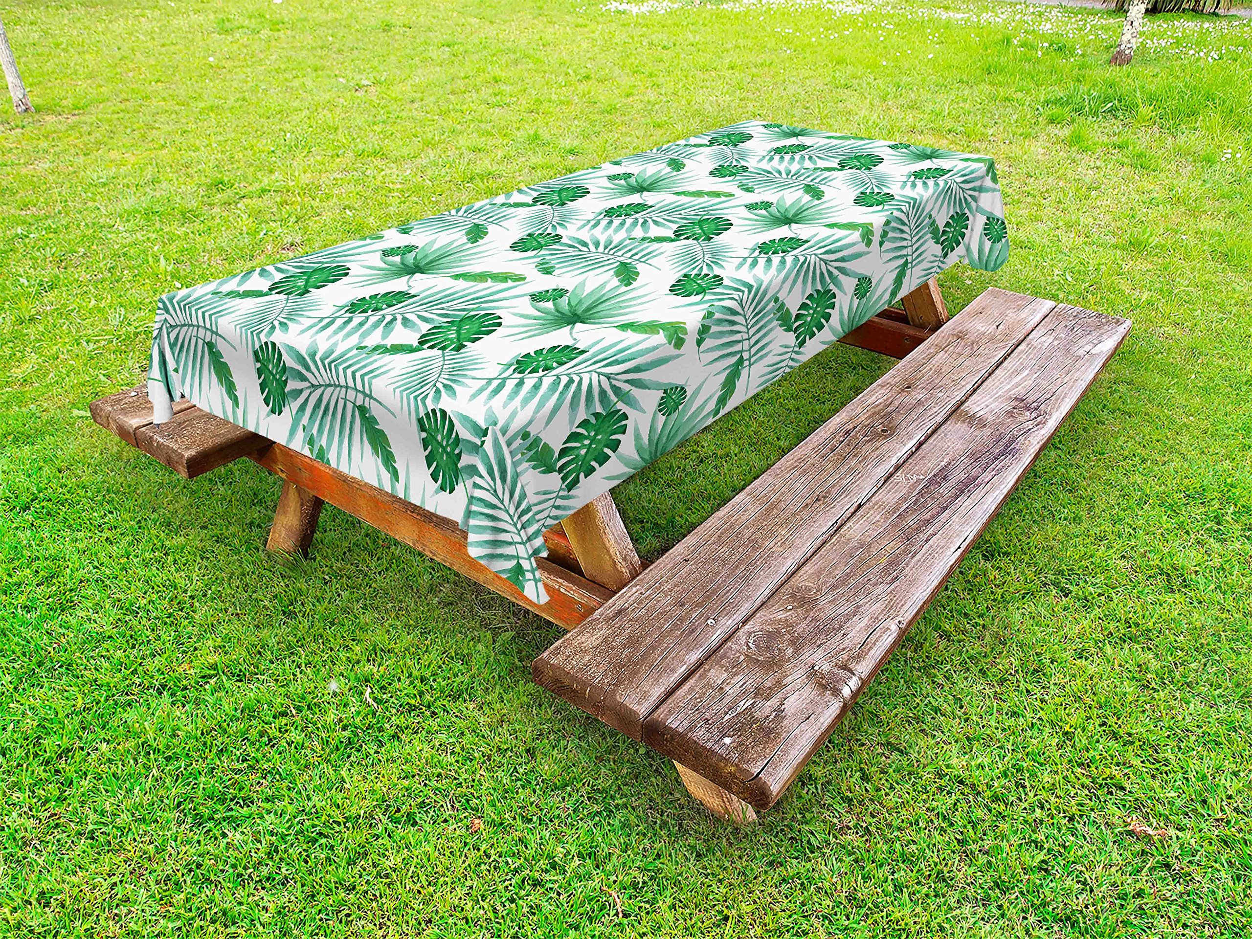 Ambesonne Waterproof Outdoor Tablecloth - Tropical Monstera Palm Leaves Design, Green & White Luau Picnic Table Cover, 58