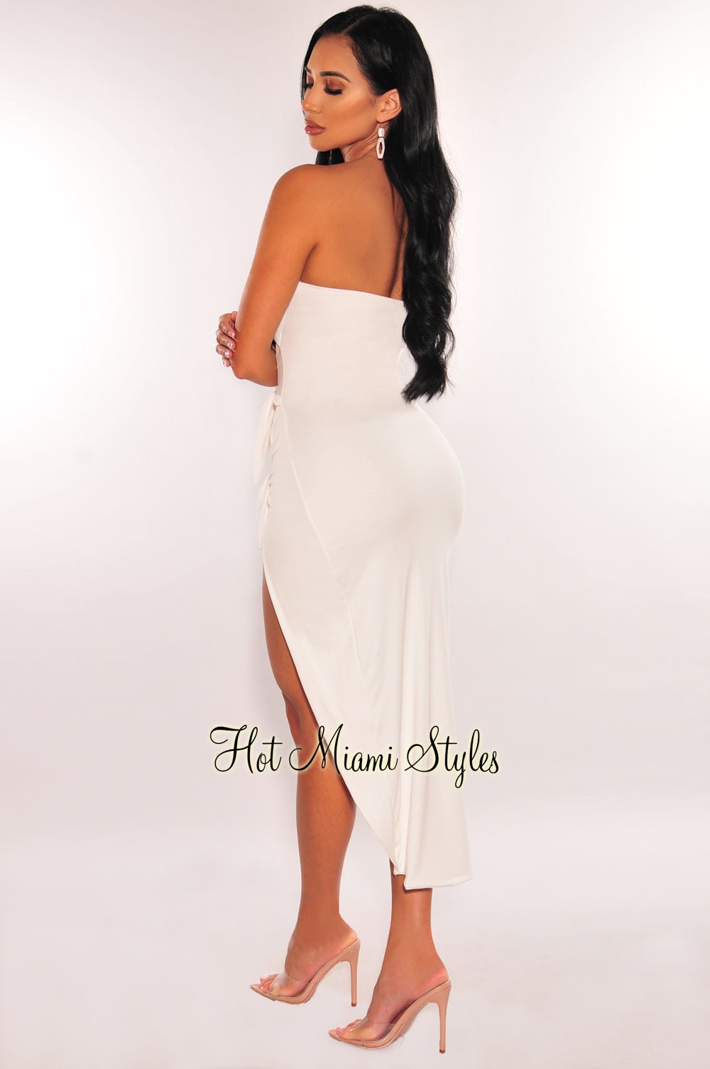 Elegant White Strapless Tie-Up Cut-Out Slit Midi Dress for Women - Perfect for Summer Parties, Weddings & Date Nights