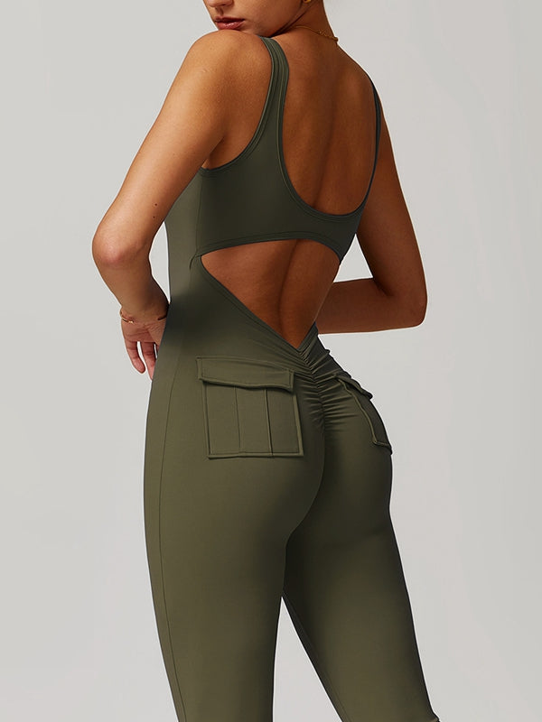 ZASUWA Women's Sexy Cutout Pocket Flare Cargo Jumpsuit - Stylish Booty Lifting Romper for Night Out & Streetwear Fashion