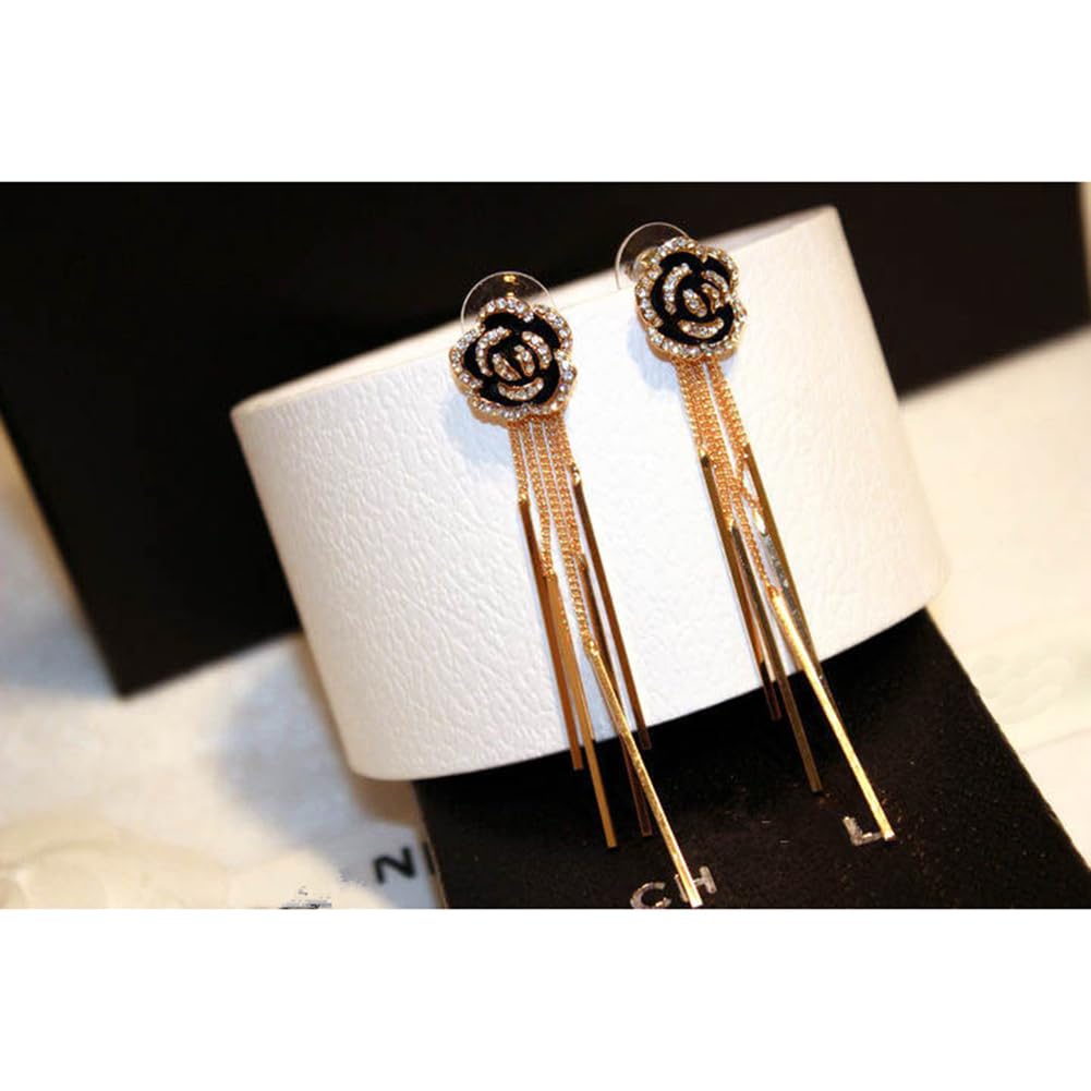 Rhinestone Pendant Black Rose Floral Tassel Earrings for Women - Elegant Bohemian Dangle Drop Earrings for Party, Wedding & Evening Outfits