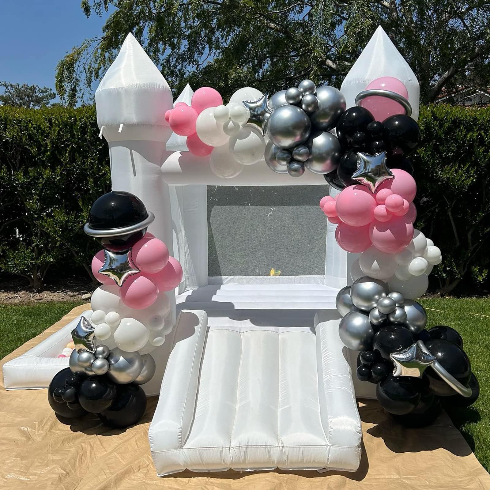 **White Bounce House with Slide & Ball Pit - 108 x 108 x 84 Inch Inflatable Castle for Kids Birthday Party, Outdoor Play, Backyard Fun - Includes Blower (Oxford White)**    *(Perfect for birthday parties, outdoor playdates, backyard entertainment, and family gatherings!)*