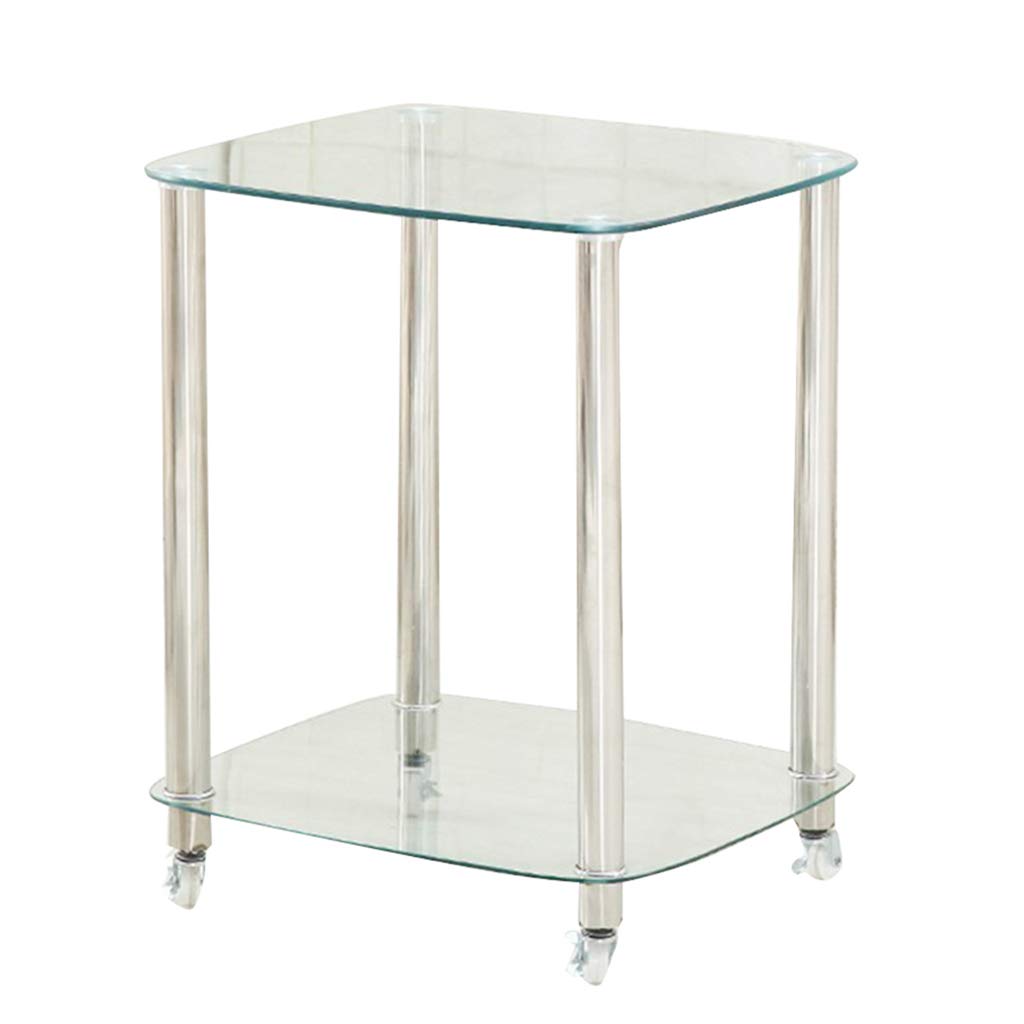 2-Tier Stainless Steel Rolling Cart with Tempered Glass - Square Serving Trolley for Drinks, Food & Storage - Mobile Utility Cart for Kitchen, Bar, Office & Home Use