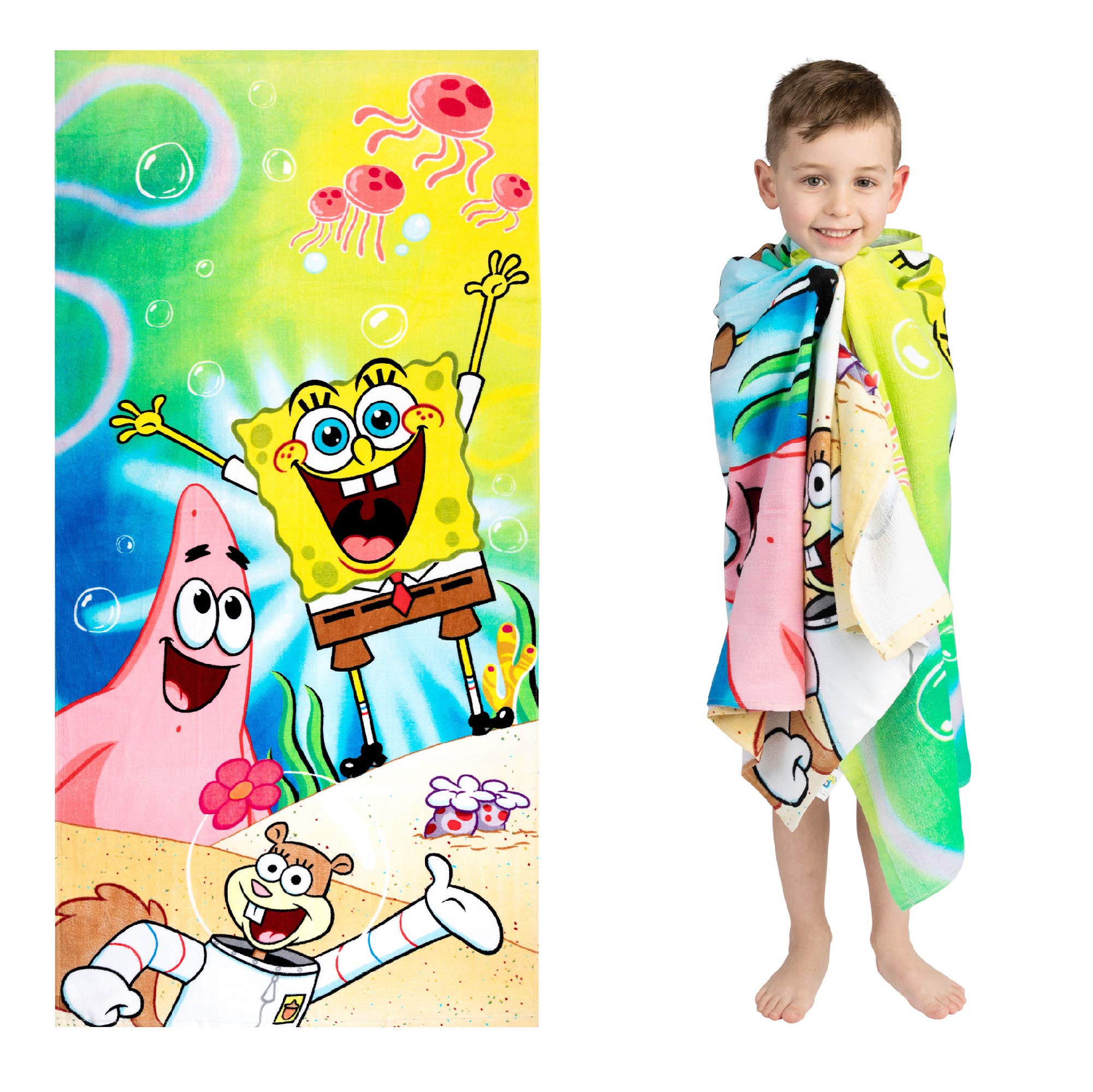 Spongebob Squarepants Kids Beach Towel - Super Soft 100% Cotton, 58 x 28 Inches, Quick Dry & Absorbent - Perfect for Pool, Beach, Summer Camp & Bath Time Fun