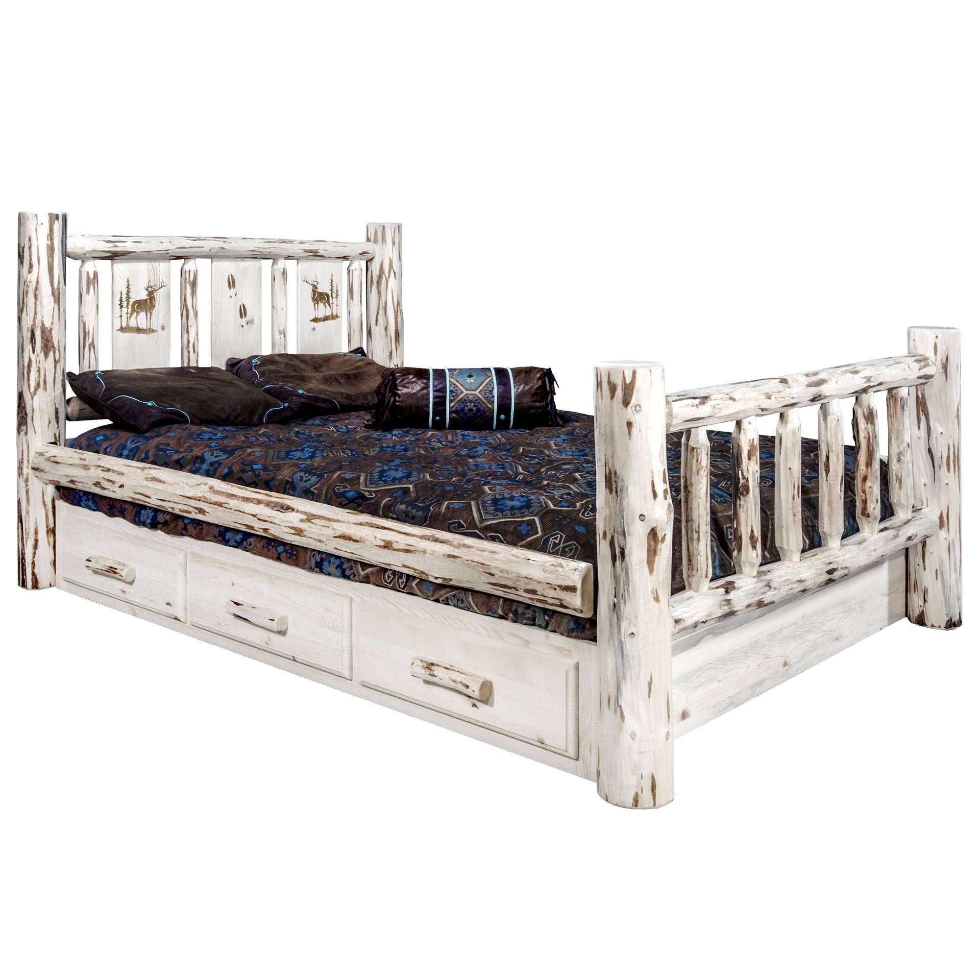 Montana Storage Bed with Laser Engraved Design - Clear Lacquer Finish Queen Size Platform Bed Frame - Modern Bedroom Furniture for Small Spaces & Guest Rooms