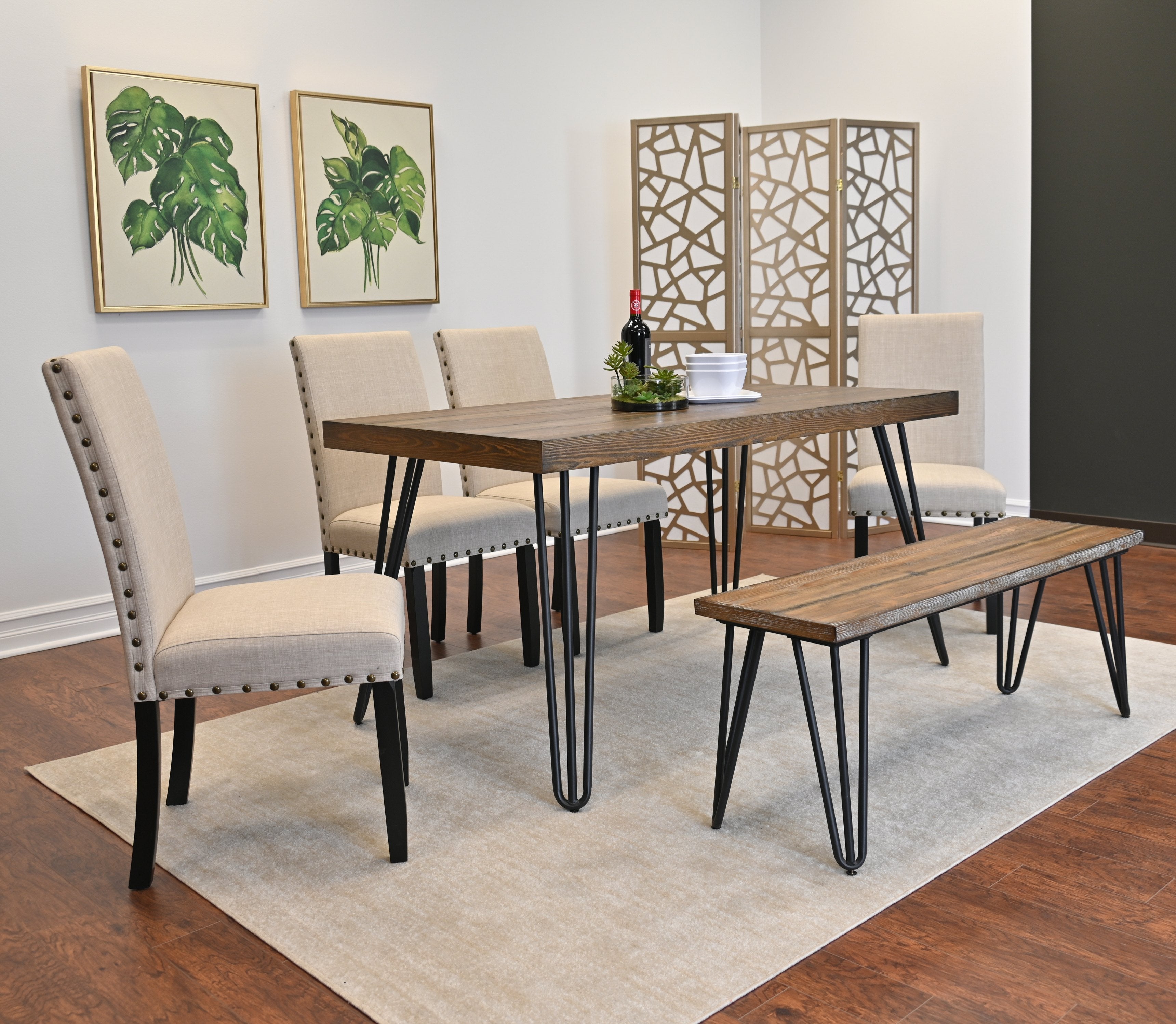 Roundhill Furniture Amisos 6-Piece Dining Set - Hairpin Leg Dining Table with 4 Chairs & Wooden Bench | Modern Kitchen & Dining Room Furniture for Small Spaces