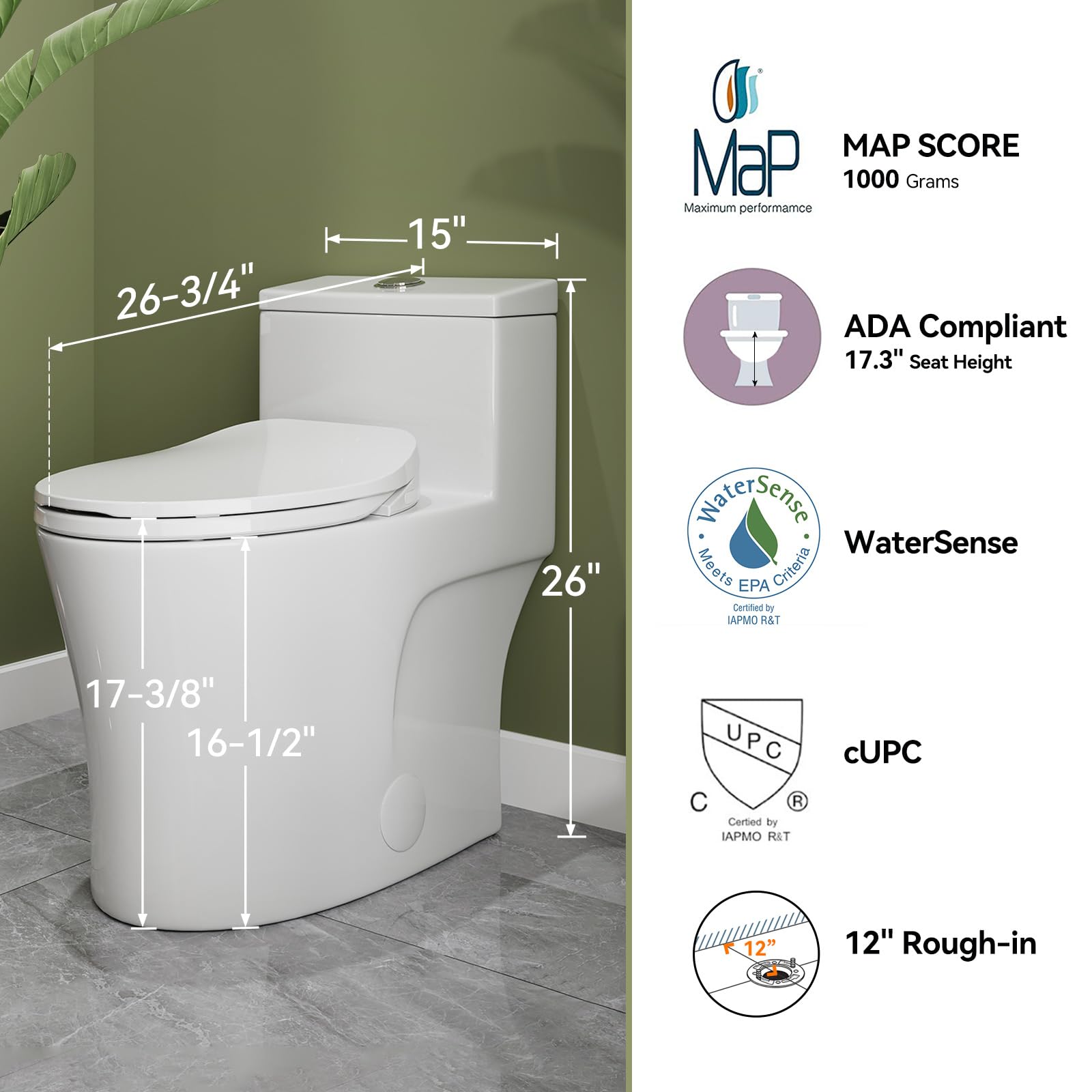 HOROW T0338W One Piece Toilet with Non-Electric Bidet Seat - Elongated ADA Compliant Chair Height Toilet with Adjustable Nozzles, Dual Flush & Soft Close Seat - White (MAP 1000g) - Perfect for Modern Bathrooms, Elderly-Friendly Homes & Water-Saving Households
