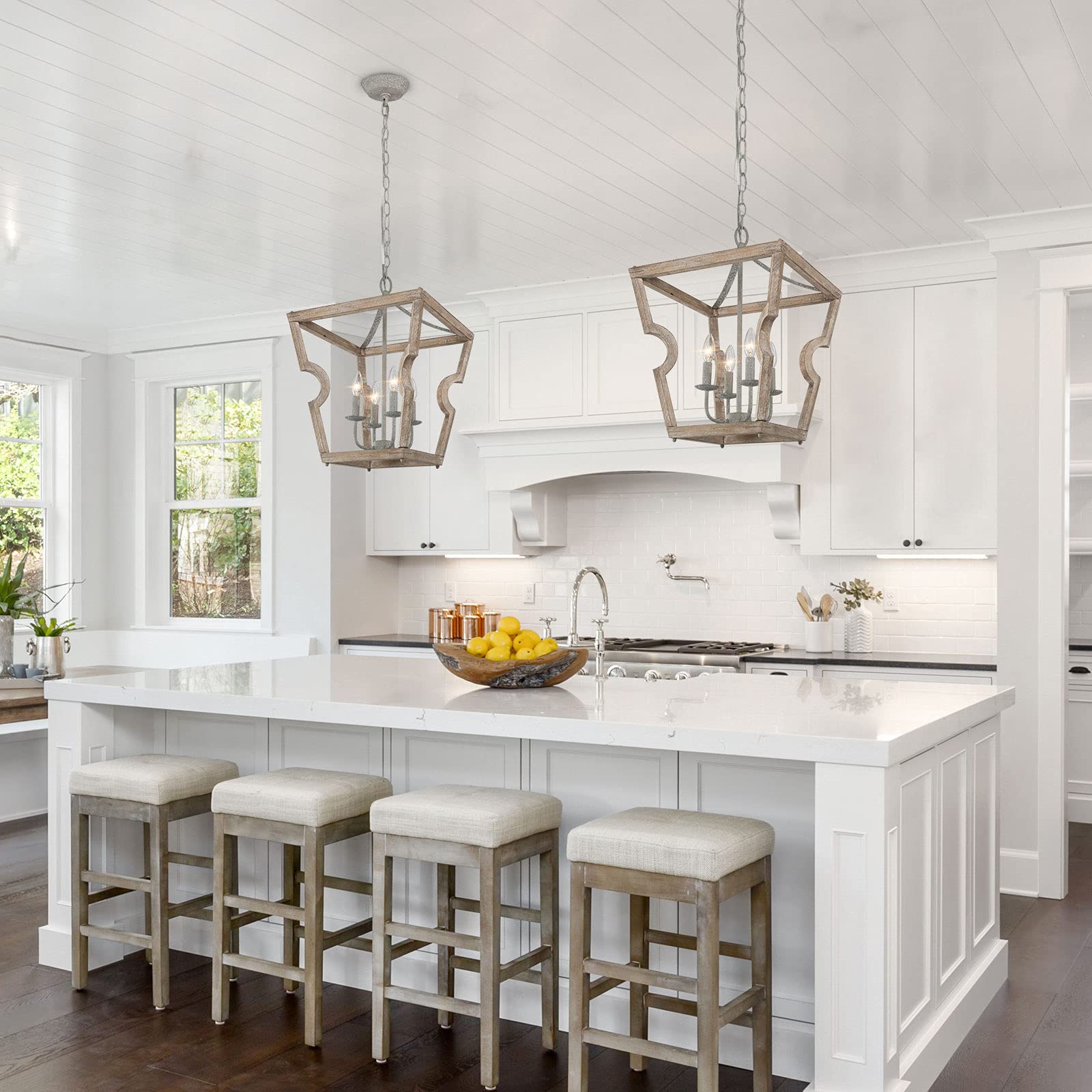Rustic Farmhouse Wood Chandelier - 4-Light Wooden Lantern Pendant Light for Dining Room, Kitchen Island, Foyer - Perfect for Country Style Home Decor & Cozy Interior Lighting