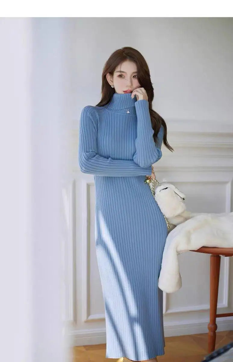 Women's White & Black Knit Sweater Dress - Long Sleeve Turtleneck Wrap Hip Dress for Fall Winter | Casual Office Wear & Holiday Outfit