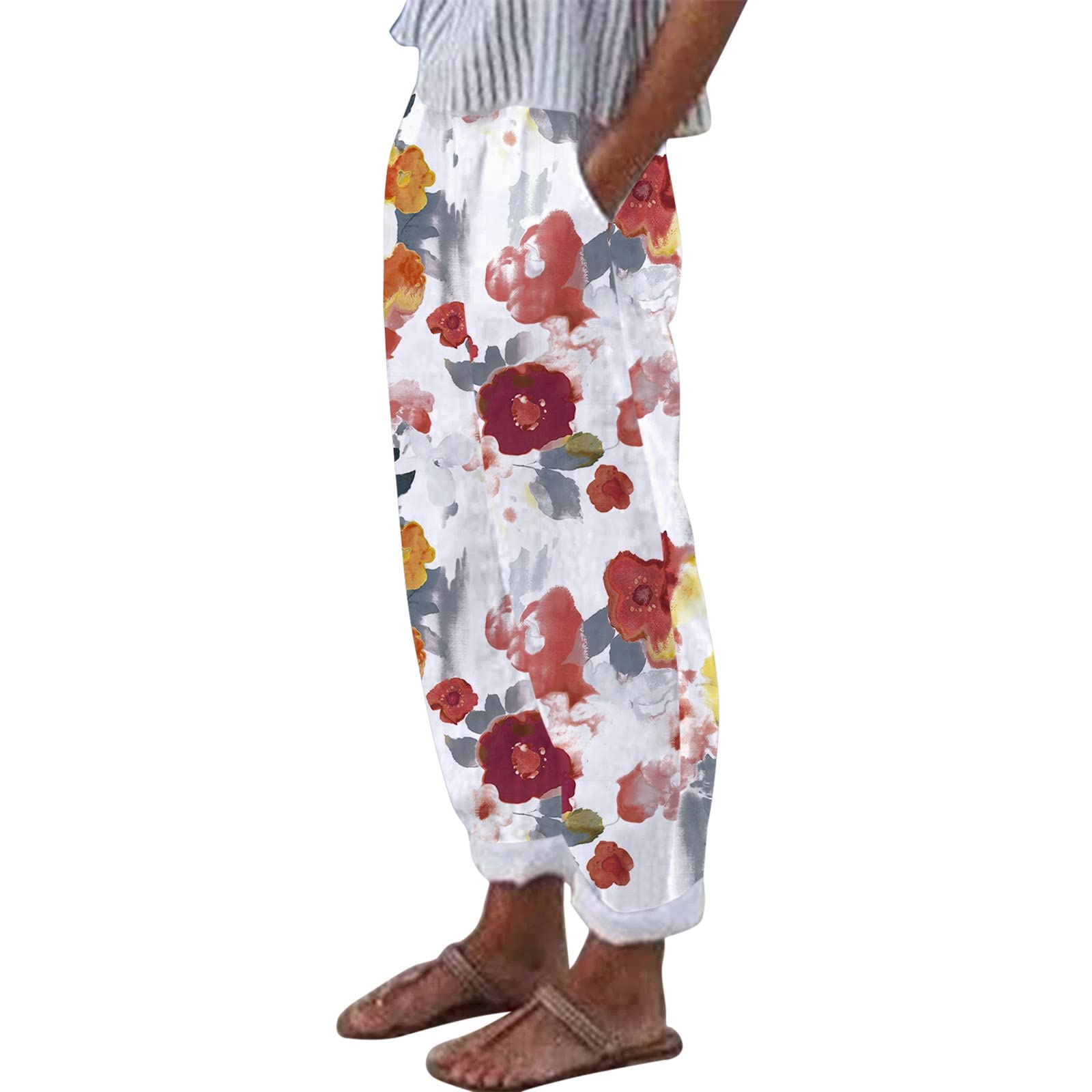 Makalon Women's White Printed Cotton Pants with Pockets - High Waist Straight Leg Loose Fit Casual Trousers for Work, Travel & Everyday Wear