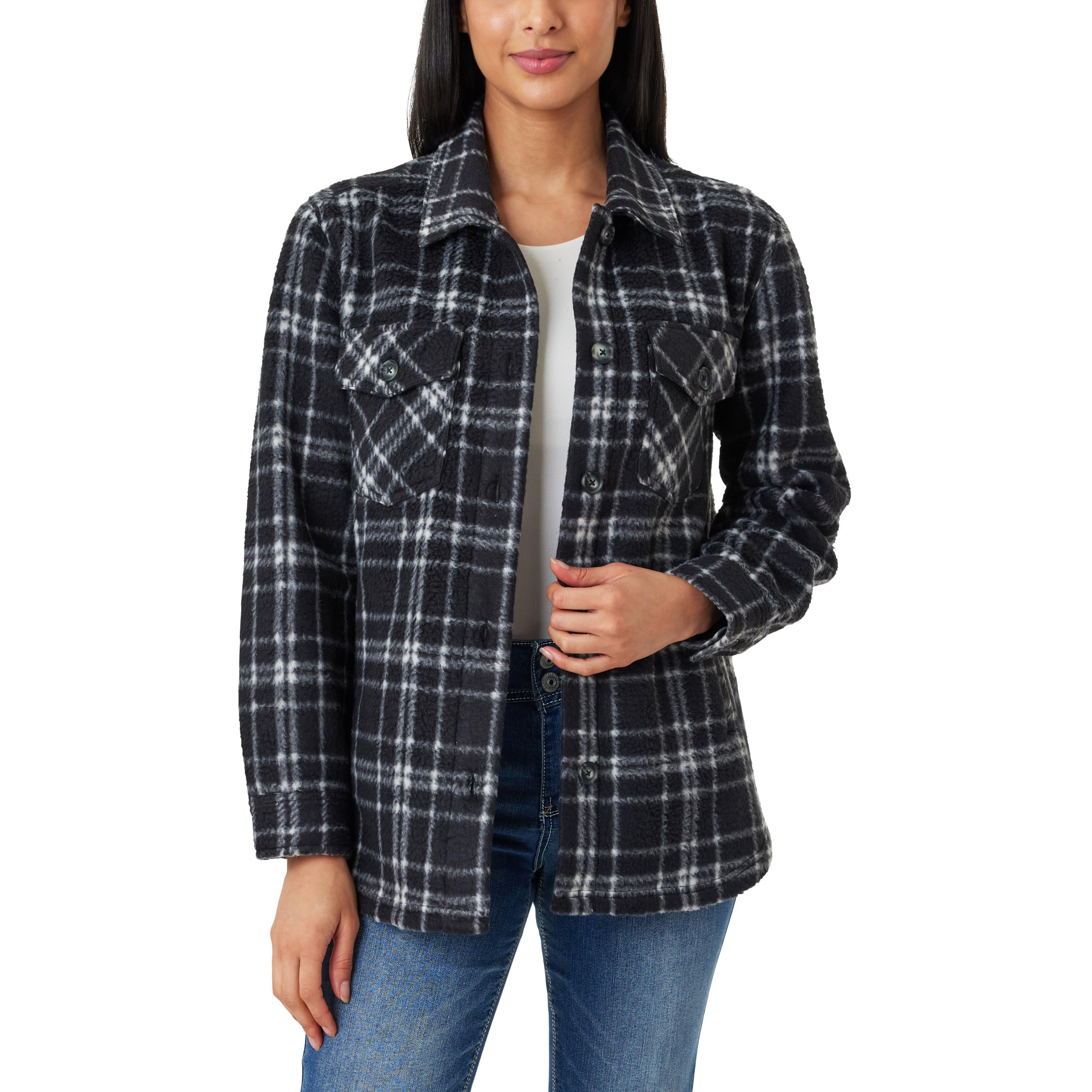 WallFlower Women's Casual Fleece & Plaid Shacket Jacket for Juniors - Perfect for Fall Layering and Outdoor Adventures