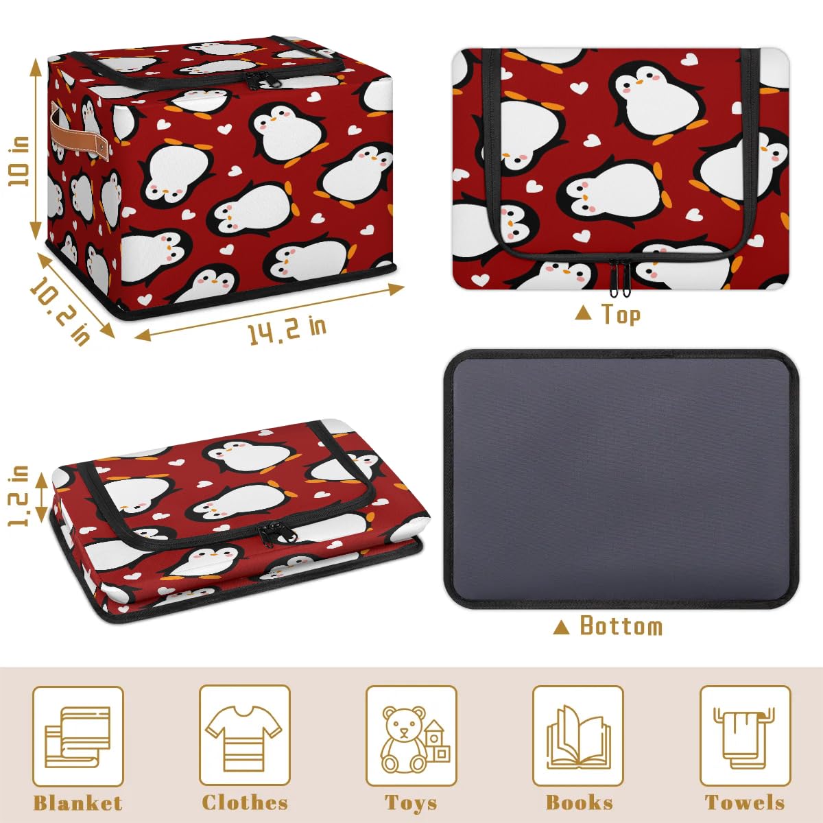 Cute Penguin Heart Cartoon Storage Bins with Zipper Lid - Foldable Fabric Storage Baskets for Clothes, Blankets & Toys - Collapsible Storage Box with Handles for Closet, Nursery & Home Organization