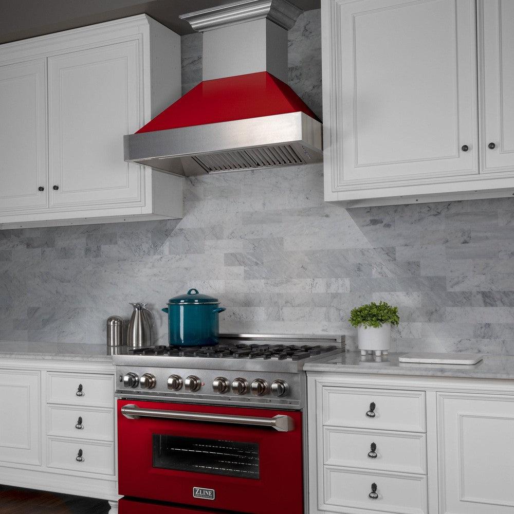 ZLINE 36 Inch Professional Wall Mount Range Hood - Stainless Steel Ducted Vent Hood with Red Gloss Shell (8654RG 36) | Powerful Kitchen Exhaust Fan for Gas Stove | Perfect for Modern Home Cooking & BBQ