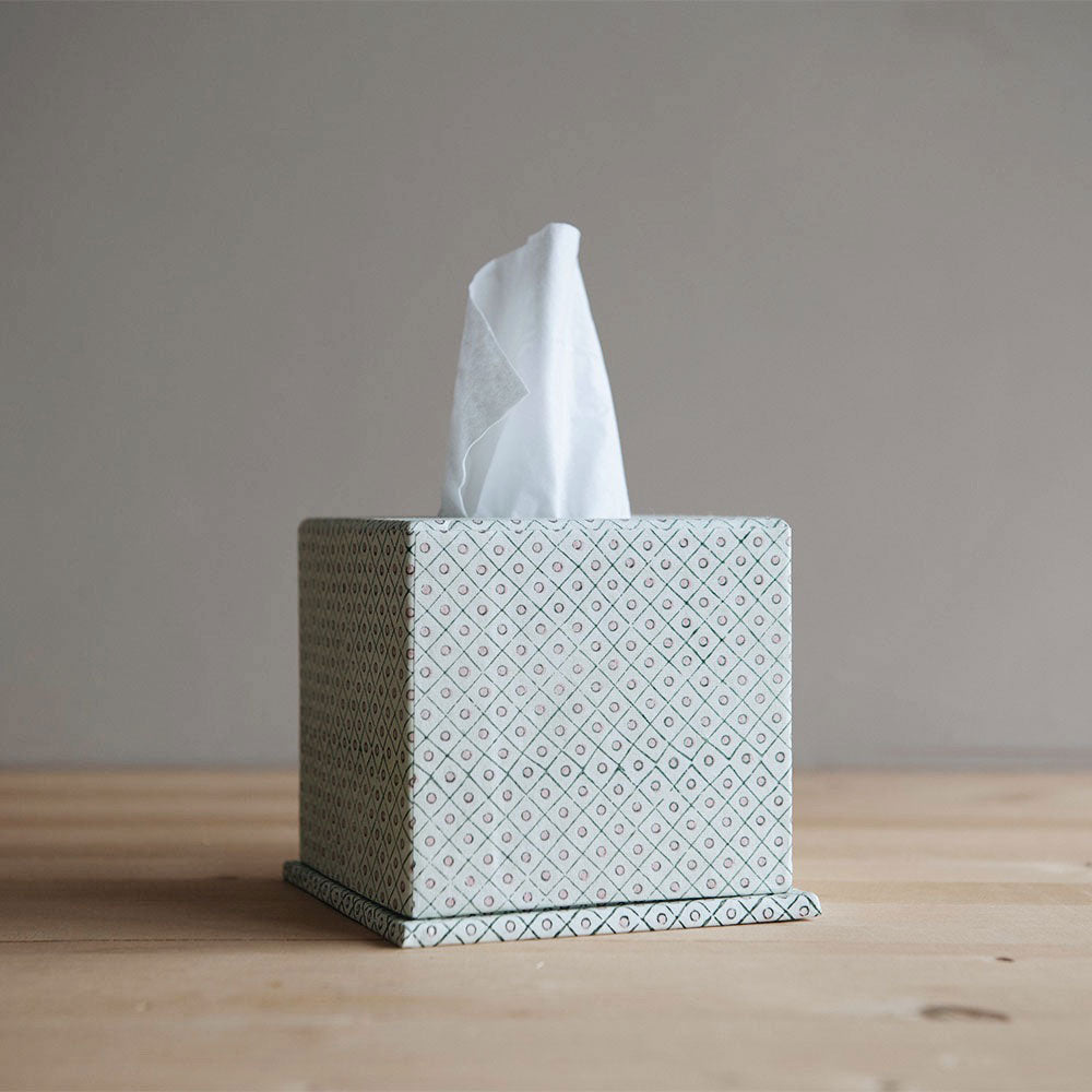 Handmade Block Printed Tissue Box Cover - Eco-Friendly Green Cotton Fabric - Perfect for Living Room, Bedroom & Bathroom Decor