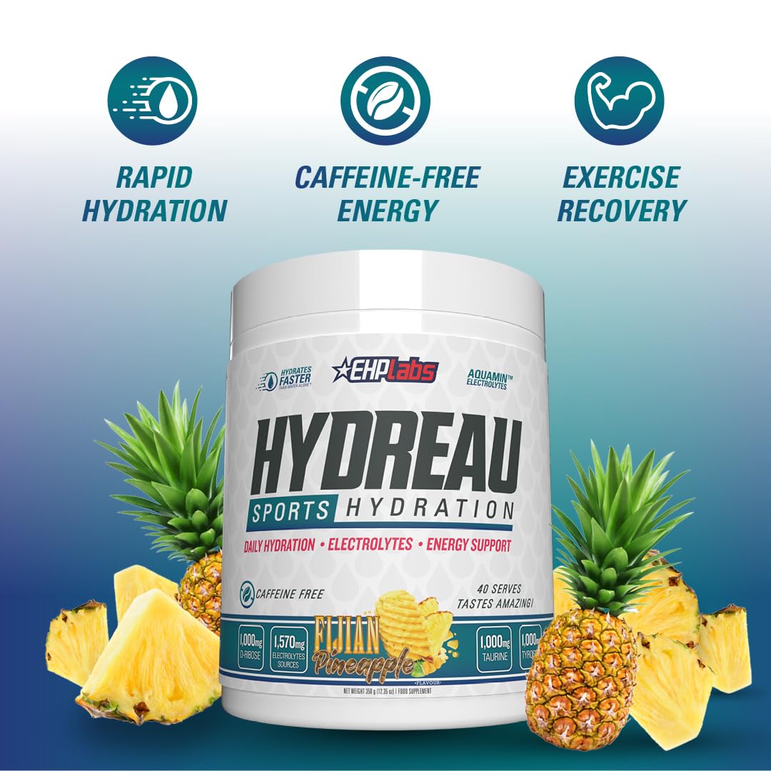 EHP Labs Hydreau Hydration Support Powder - 40 Servings | Electrolyte & Vitamin Supplement for Hydration & Recovery | Perfect for Workouts, Travel & Daily Hydration Needs