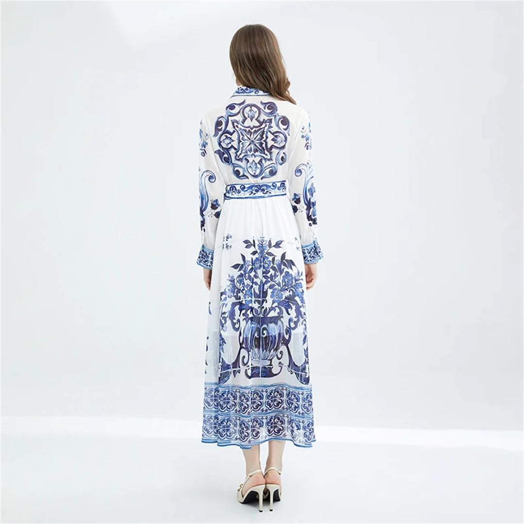 Elegant Women's Chiffon Maxi Dress with Long Sleeves & High Waist Bow - Bohemian Style Flowy Dress for Parties, Weddings & Summer Vacations