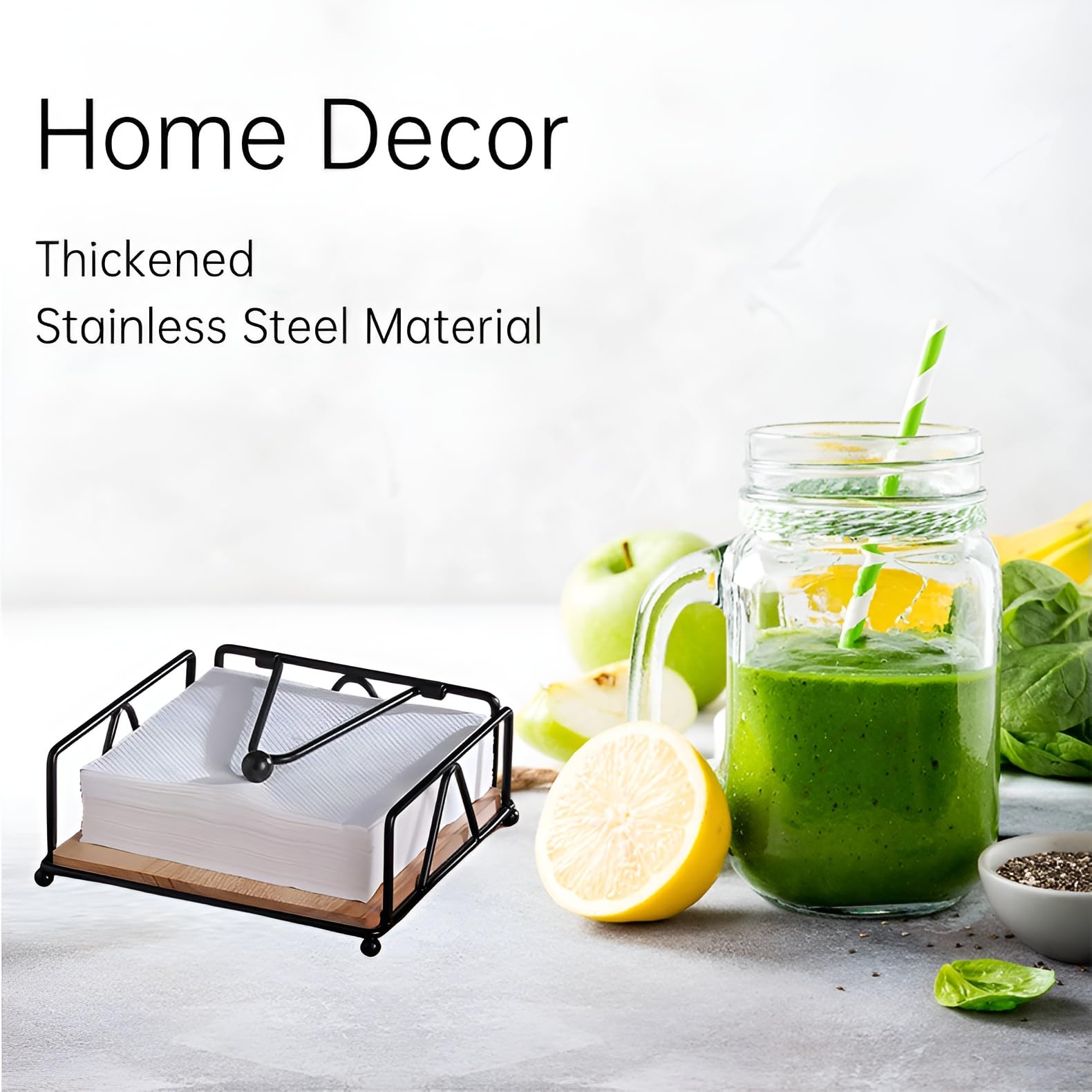 Square Metal Napkin Holder with Weighted Arm & Wooden Base - Farmhouse Kitchen Countertop Organizer for Dining Table, Restaurant & Home Decor (Black)