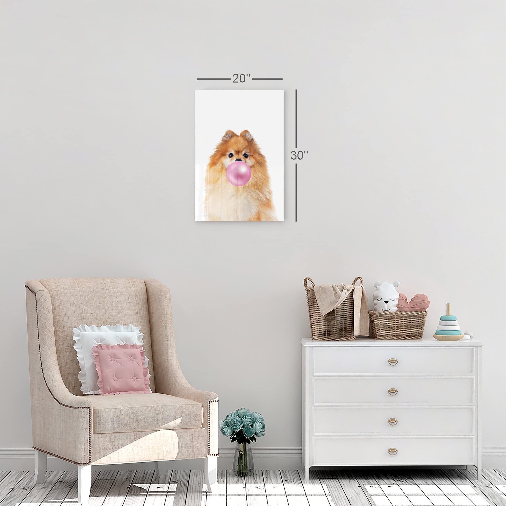 Pomeranian Dog Chewing Pink Bubble Gum Metal Wall Art Print - Pet Lover Gift, Animal Pop Art for Office, Living Room, Bedroom & Nursery Decor (12x8 inches) - Perfect for Dog Lovers & Home Decoration