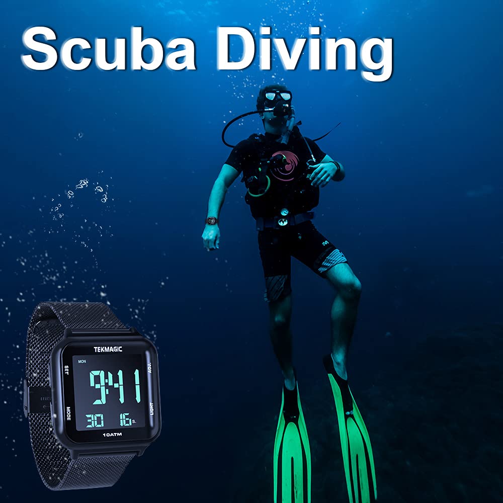 10 ATM Waterproof Digital Dive Watch - Stainless Steel Strap with Chronograph, Timer, Alarm, Calendar & Dual Time Display | Perfect for Scuba Diving, Swimming & Outdoor Sports