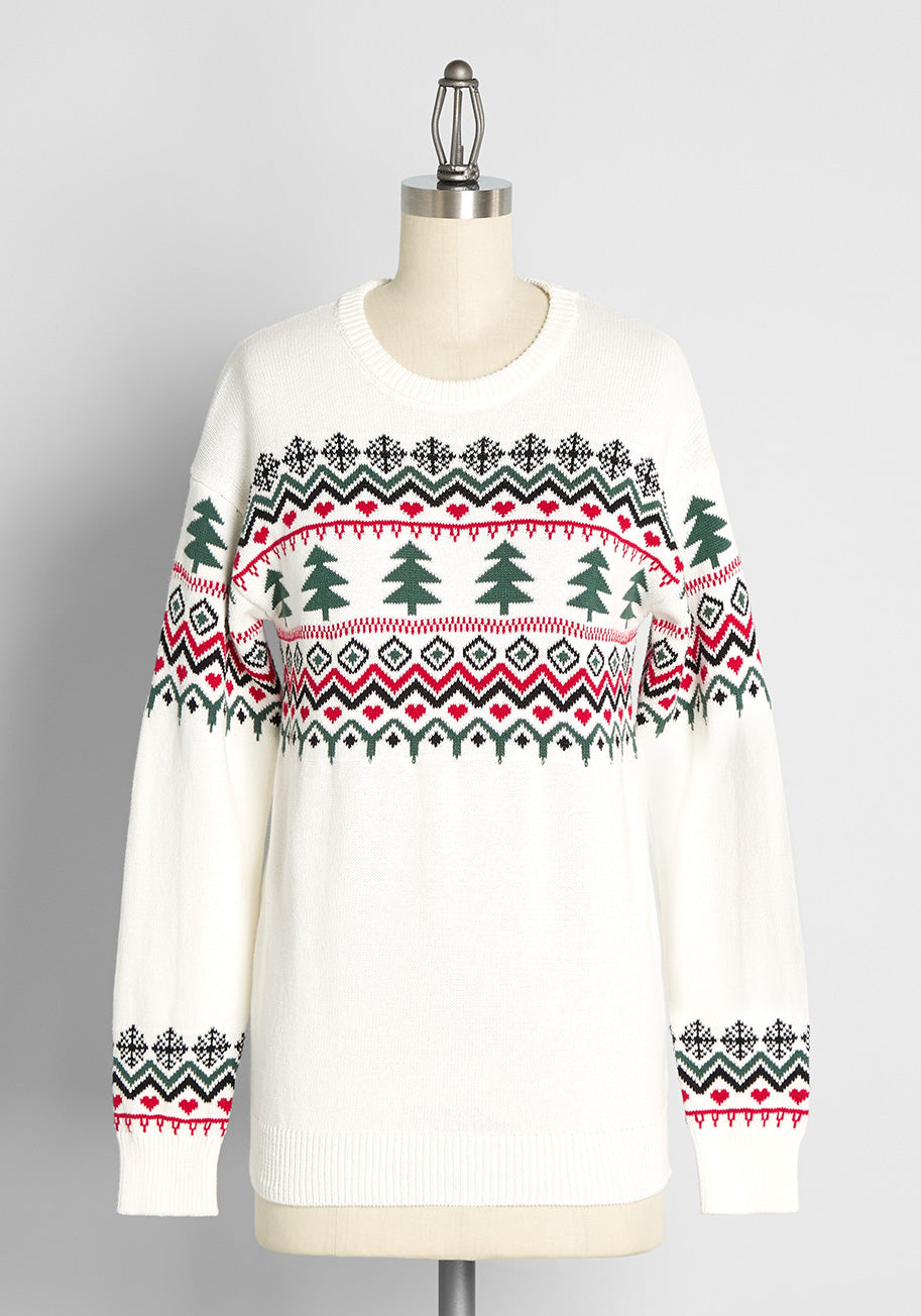 Evergreens and Snowbanks Fair Isle Sweater - Cozy Nordic Knit Pullover for Women - Perfect for Winter Holidays & Christmas Gatherings