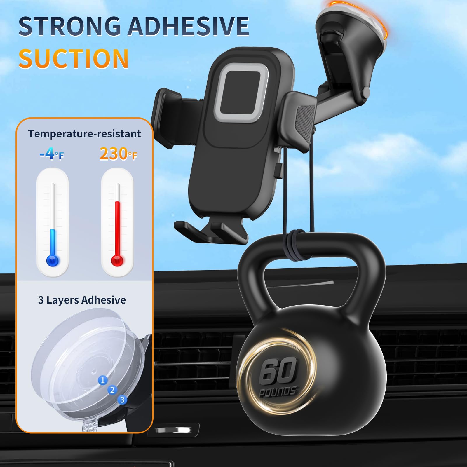 3-in-1 Car Phone Mount for iPhone & Smartphones - Windshield/Dashboard/Air Vent Holder for Safe Driving