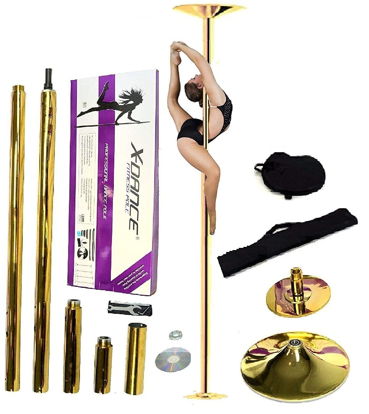 Iron Bar X-Dance™ 9 FT Professional Stripper Pole - Gold Spinning & Static Dance Pole Kit for Home, Club, Party, Fitness & Exercise with Portable Bag - Perfect for Dance Workouts, Pole Fitness, and Exotic Dance Training