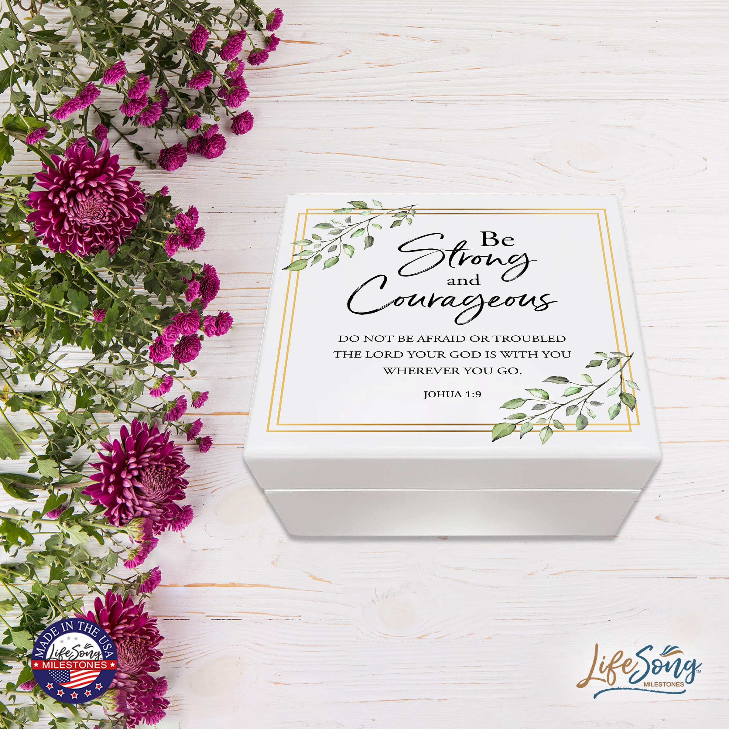 LifeSong Milestones Baptism Keepsake Jewelry Box - Elegant Jewelry Storage Gift for Godparents from Godchild, Godson or Goddaughter (Be Strong and Courageous) - Perfect for Christening, Baptism Ceremonies & Religious Gift Giving