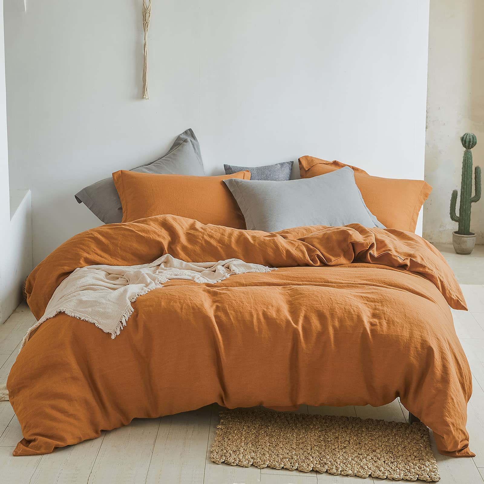 Simple & Opulence 100% Linen Duvet Cover Set 3pcs - Natural French Washed Flax, Soft Breathable Farmhouse Bedding with Button Closure (Rust, Full/Queen) | Perfect for Cozy Bedroom, Guest Room & Vacation Home Decor