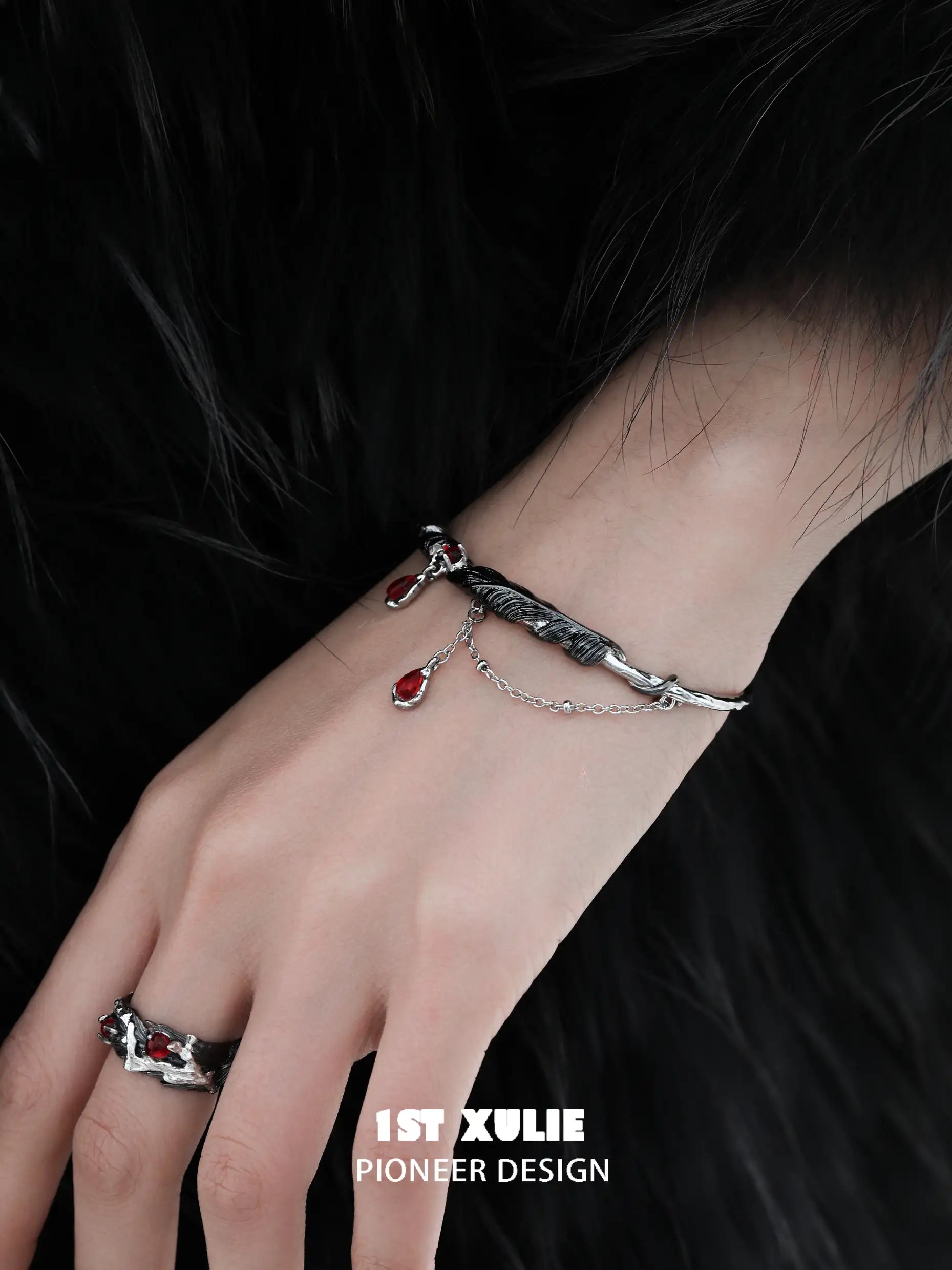 Lucifer Red Crystal 18K Black Gold Charm Bangle Bracelet for Women - Elegant Luxury Jewelry Gift for Anniversary, Birthday & Special Occasions